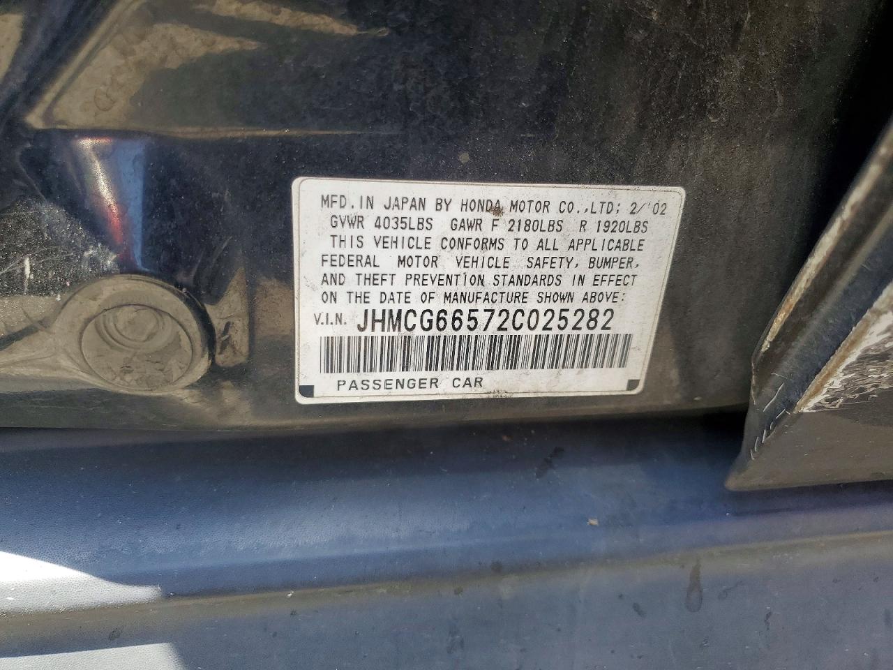 2002 Honda Accord 4d Black vin: JHMCG66572C025282