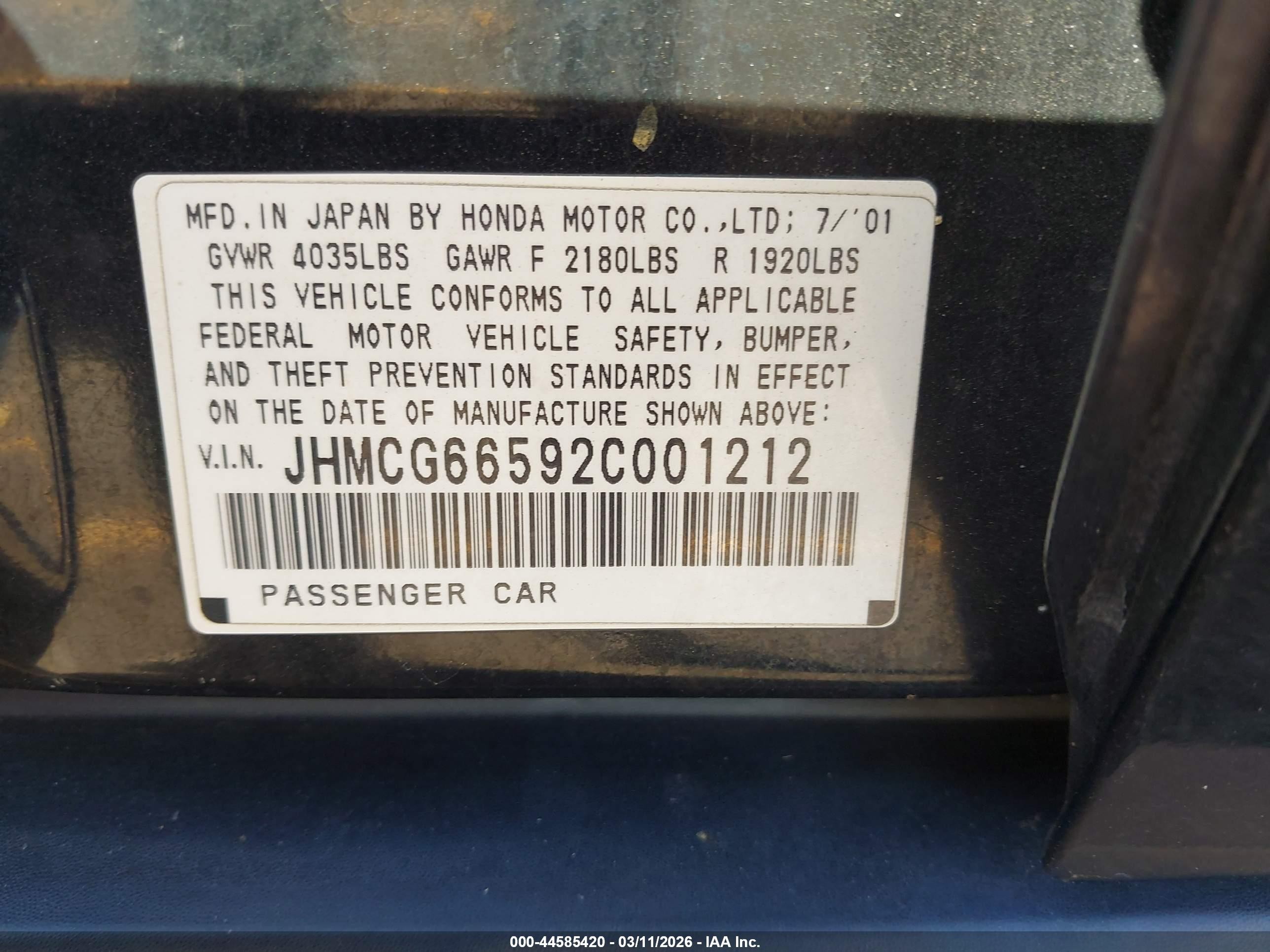 Price & History 2002 Honda Accord 2.3 Lx 2.3l I-4 Vvt, 148hp vin