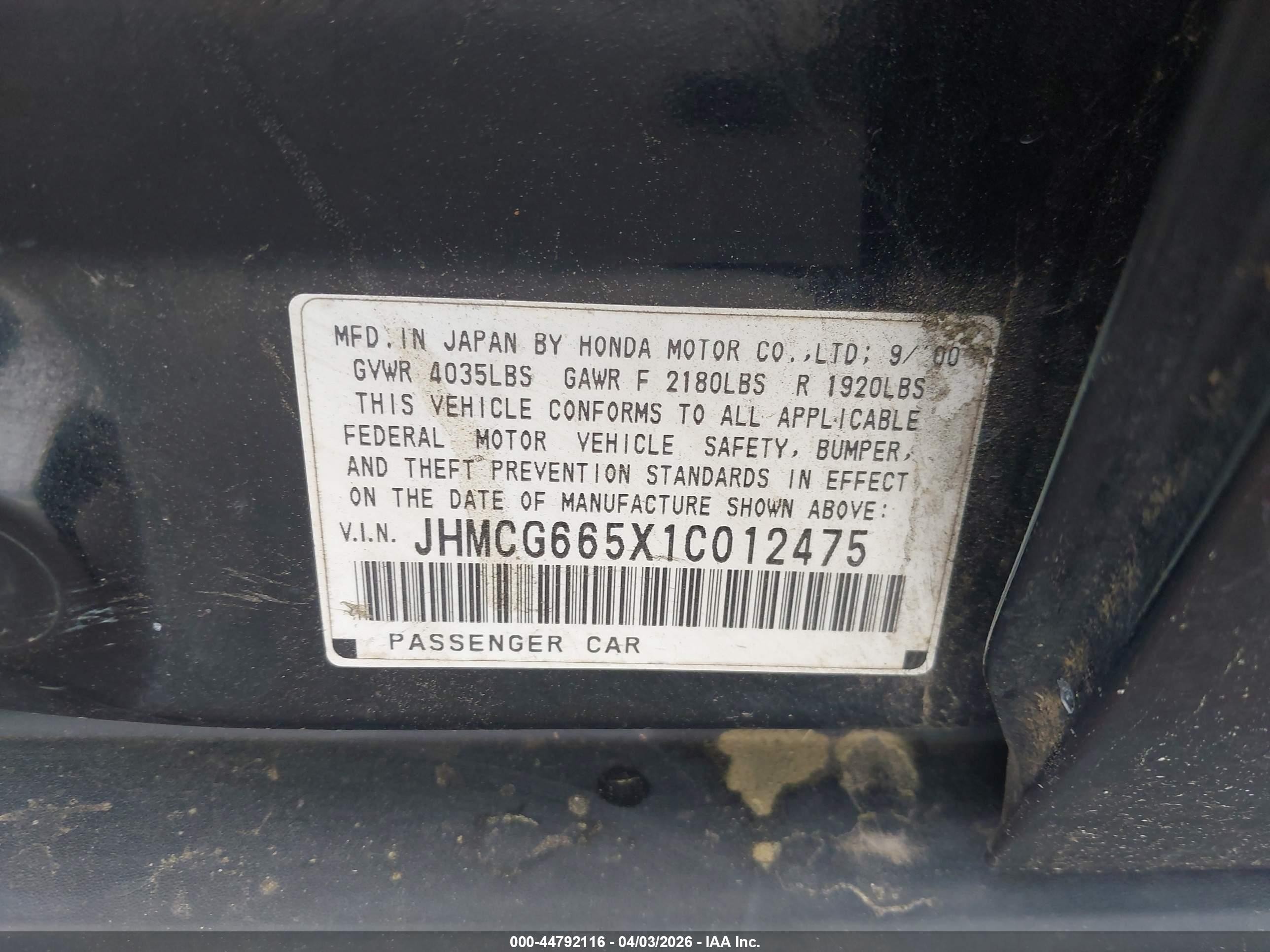 2001 Honda Accord 2.3 Lx Black vin: JHMCG665X1C012475