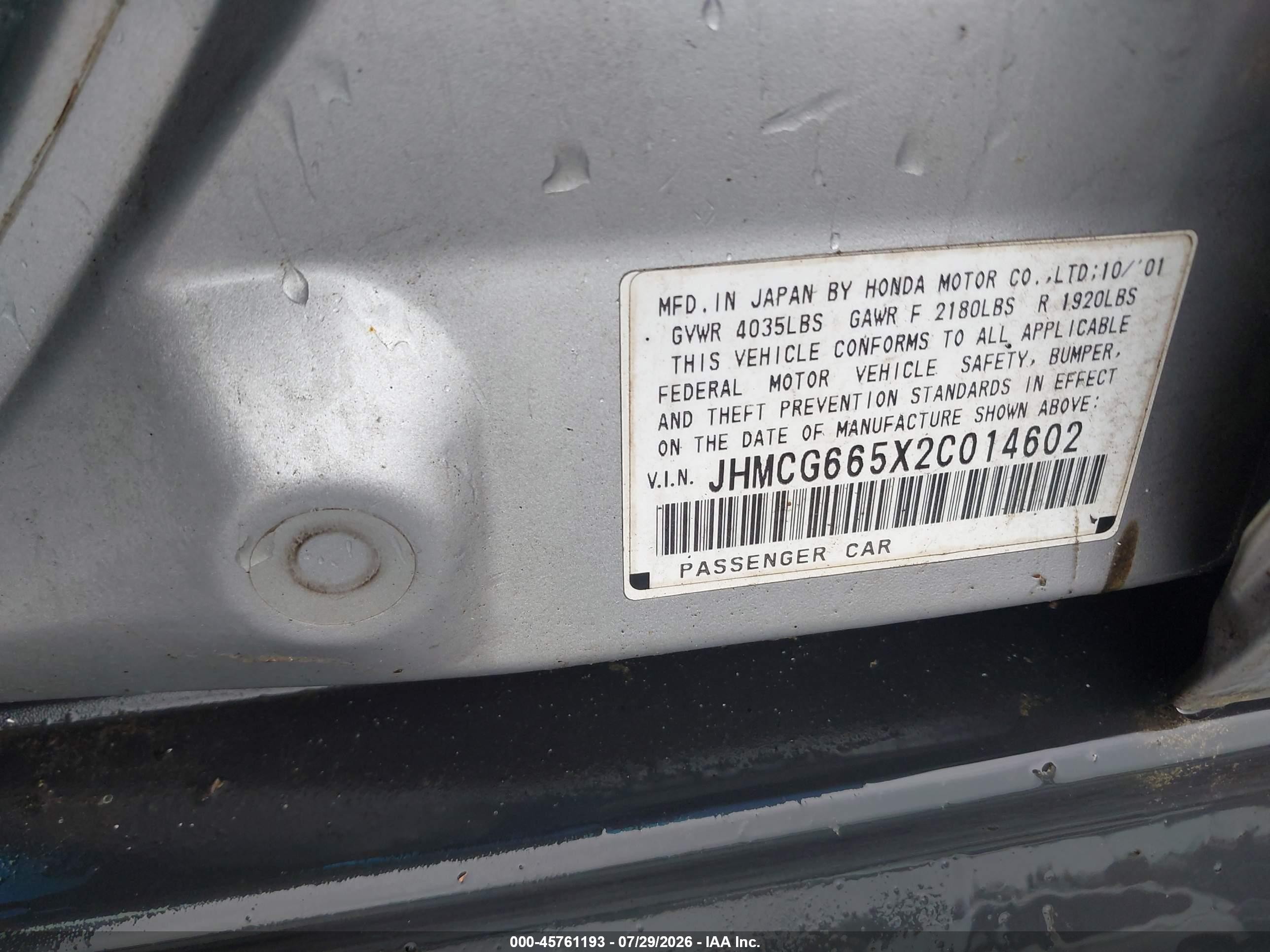 2002 Honda Accord 2.3 Lx Gray vin: JHMCG665X2C014602