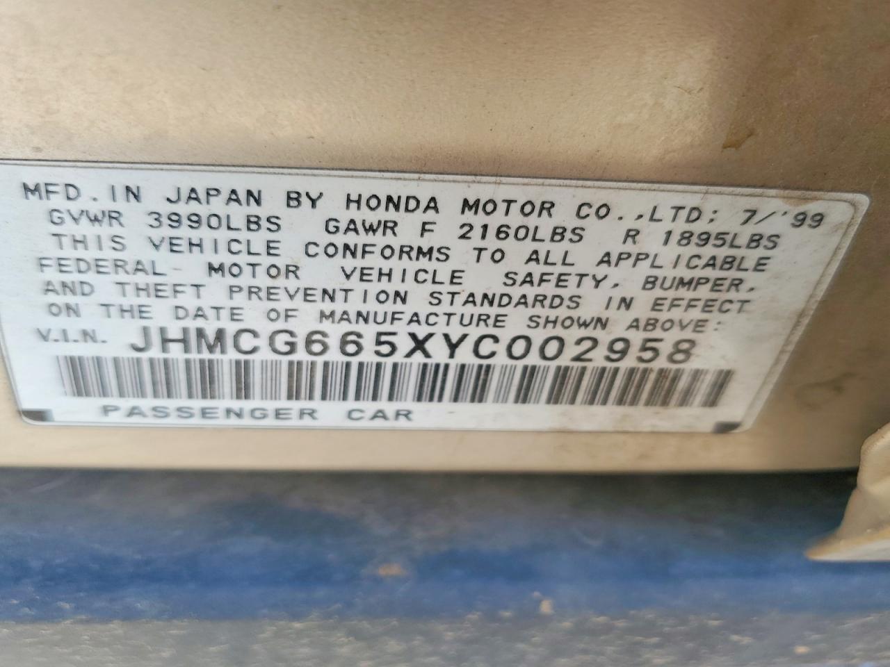 2000 Honda Accord Lx Gold vin: JHMCG665XYC002958