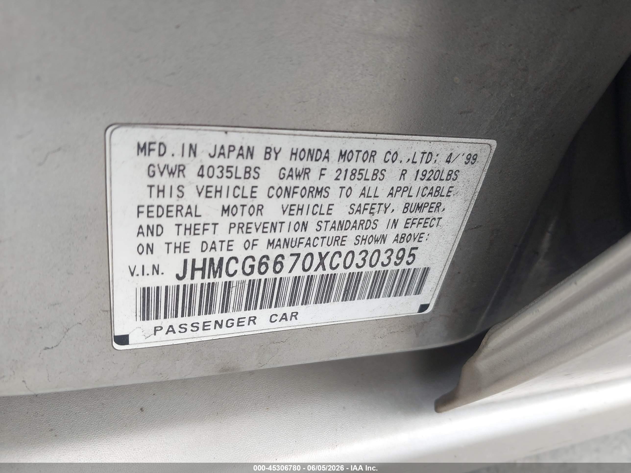 1999 Honda Accord Ex Silver vin: JHMCG6670XC030395