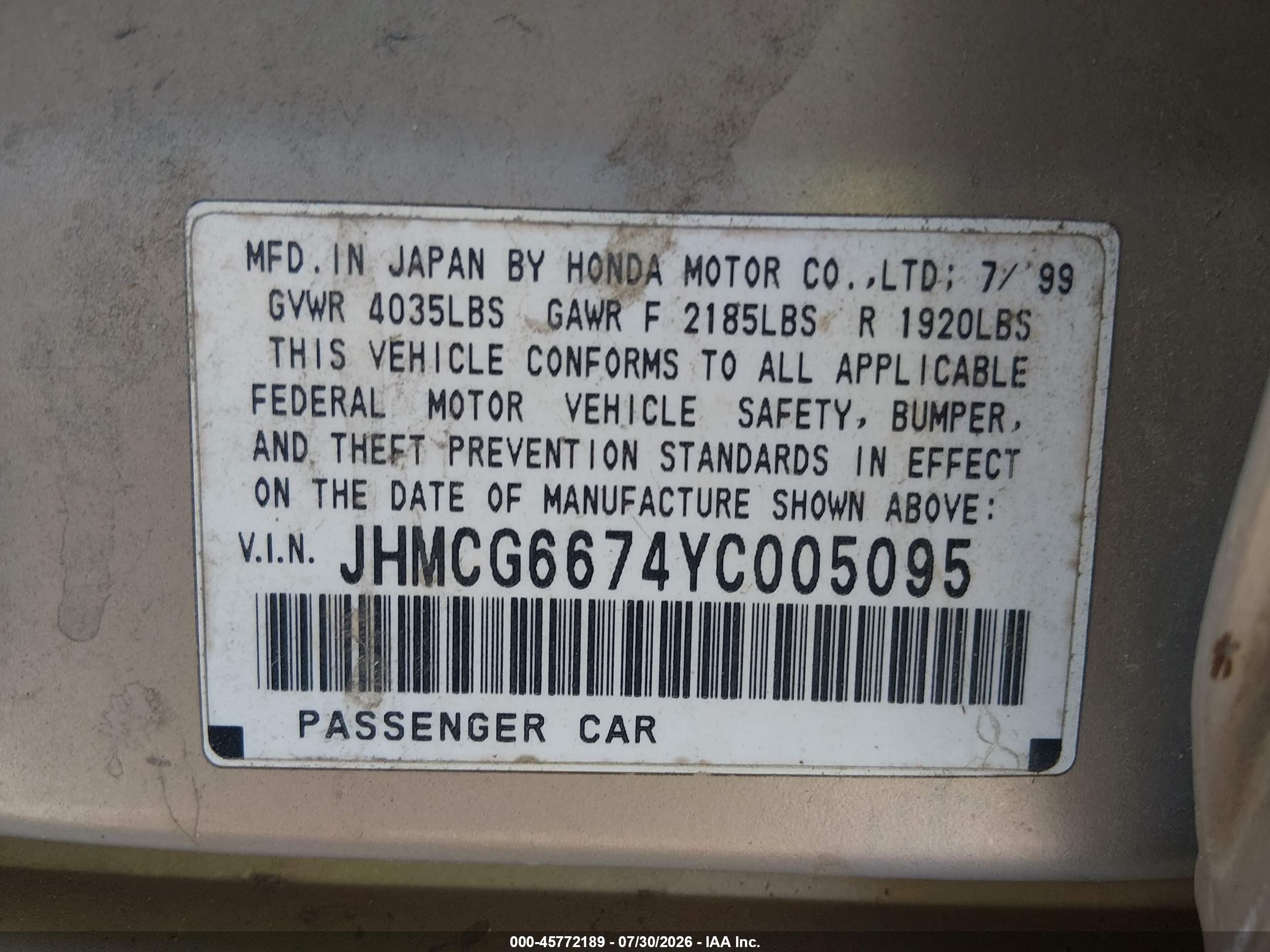 2000 Honda Accord 2.3 Ex Tan vin: JHMCG6674YC005095