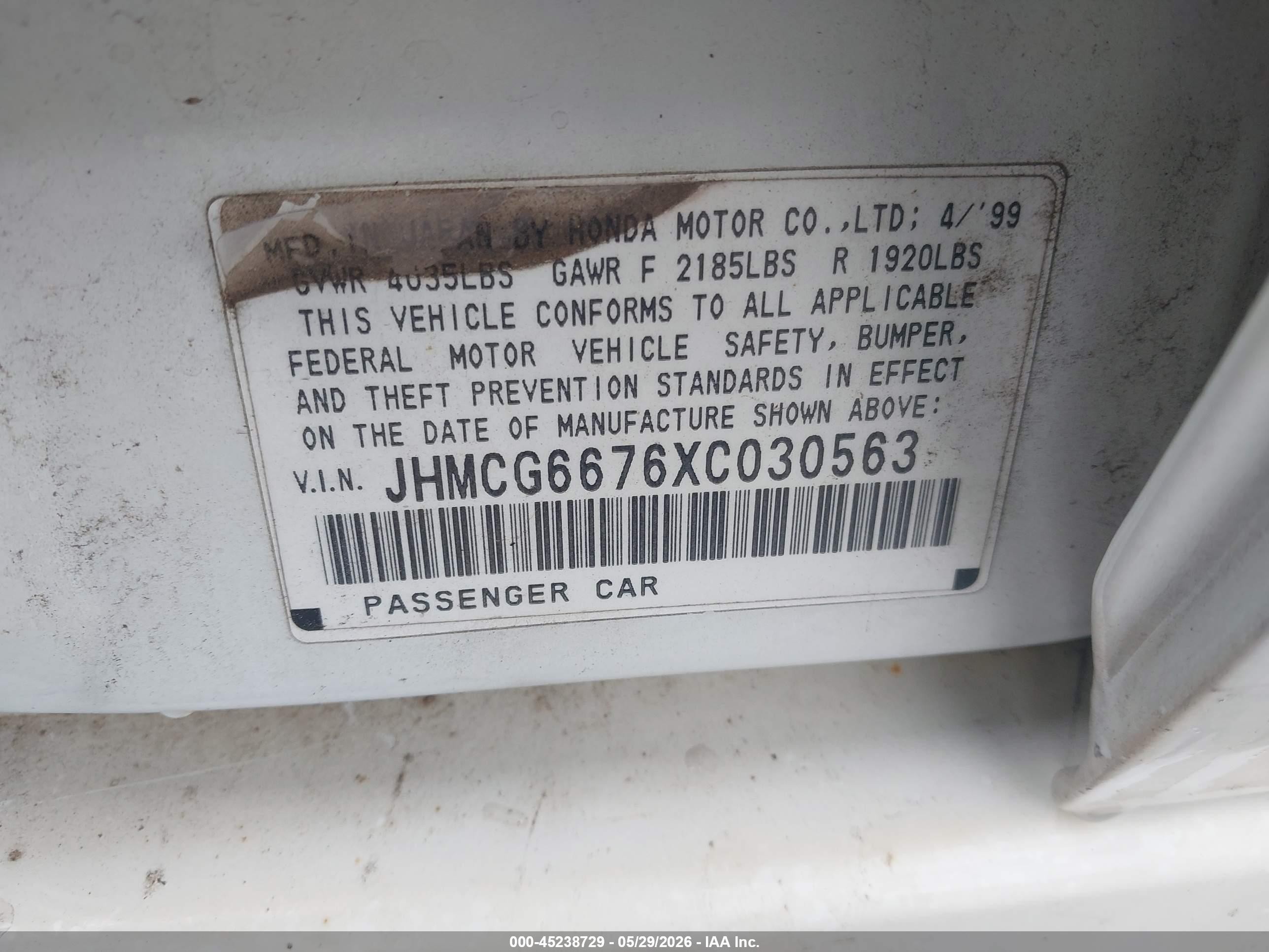1999 Honda Accord Ex Белый vin: JHMCG6676XC030563