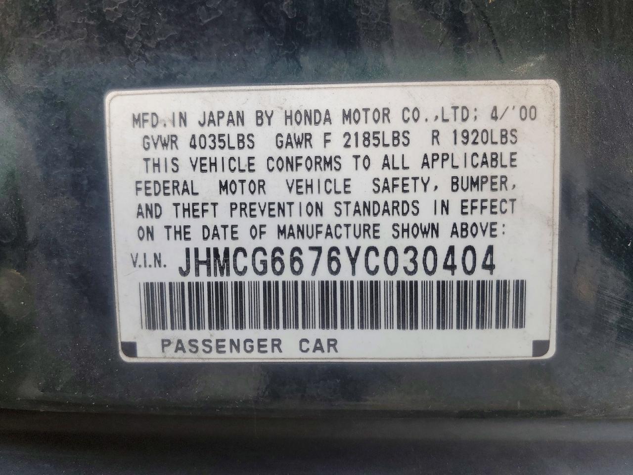 2000 Honda Accord Ex Green vin: JHMCG6676YC030404