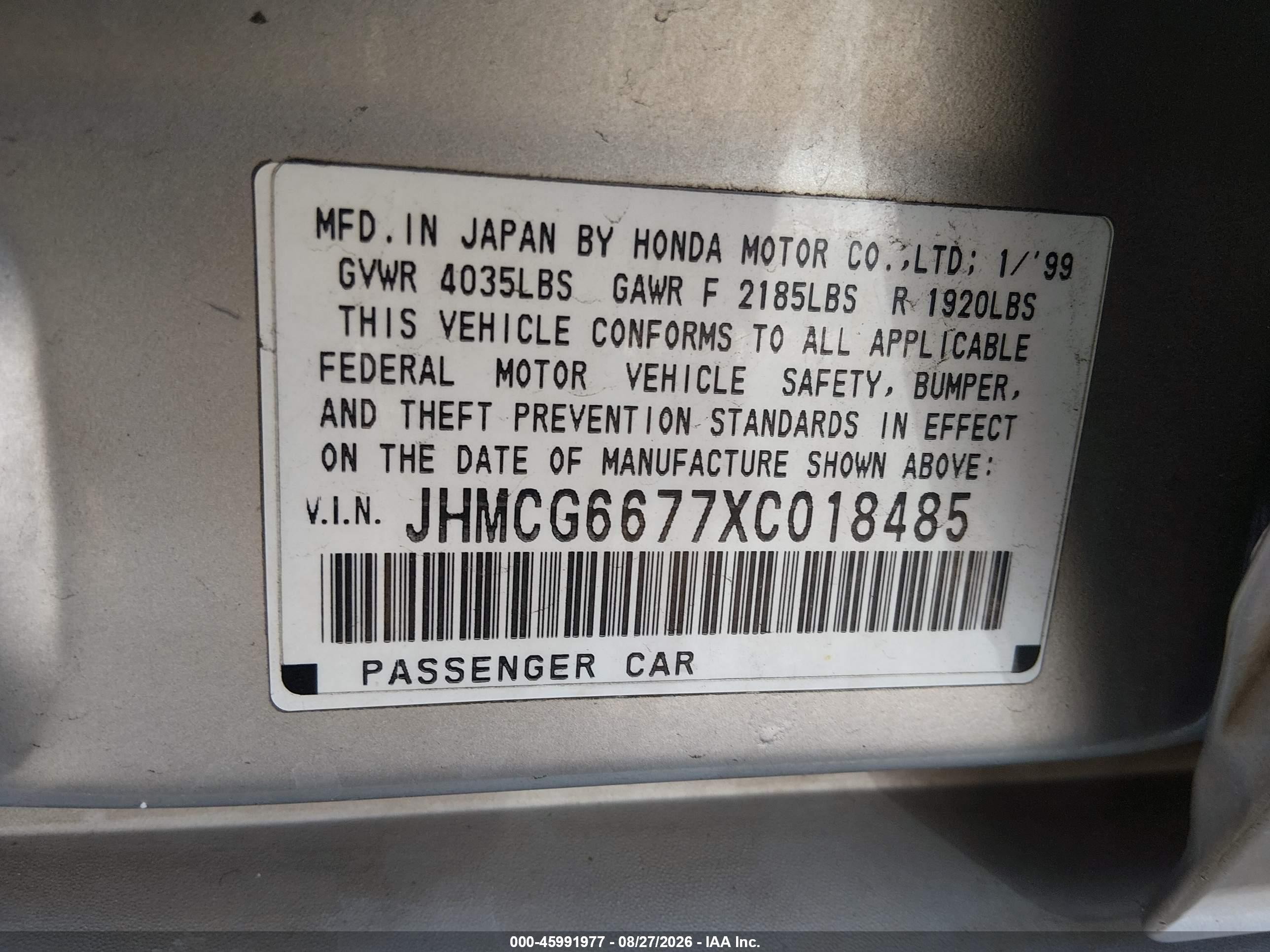 1999 Honda Accord Ex Silver vin: JHMCG6677XC018485