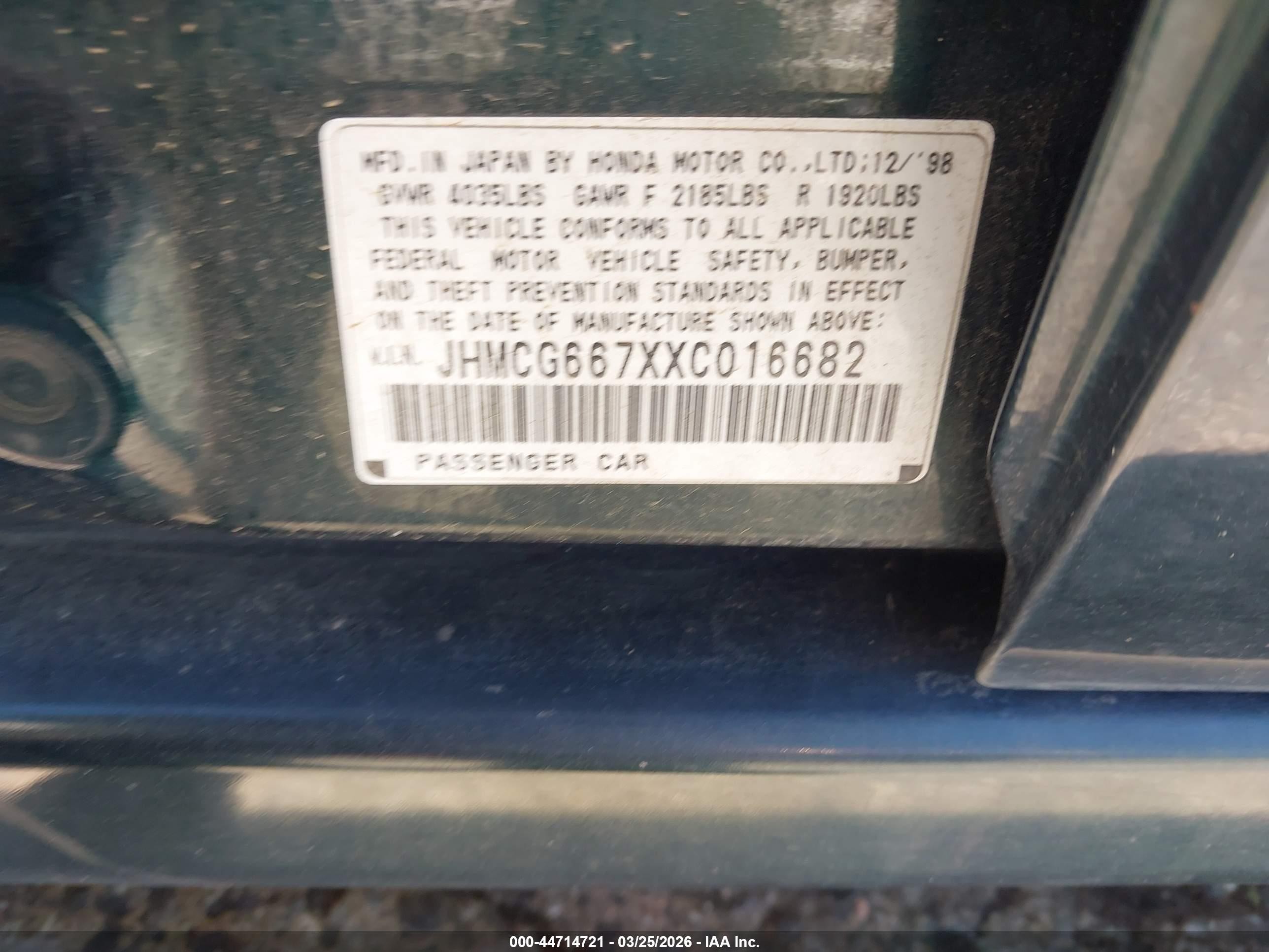 1999 Honda Accord Ex Green vin: JHMCG667XXC016682
