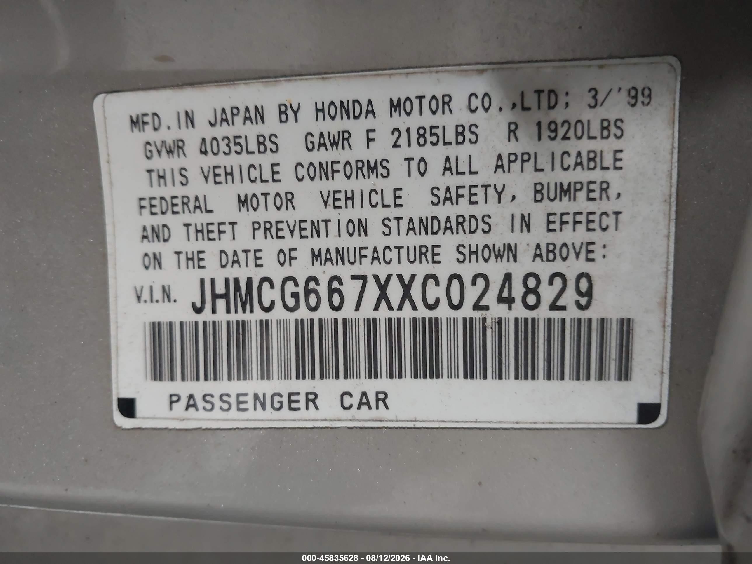 1999 Honda Accord Ex Gray vin: JHMCG667XXC024829