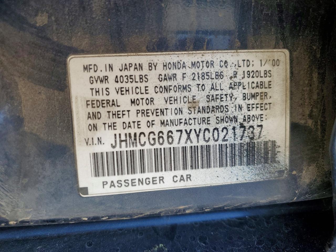 2000 Honda Accord Ex Blue vin: JHMCG667XYC021737