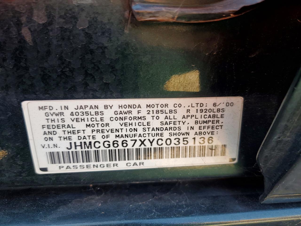 2000 Honda Accord Ex Green vin: JHMCG667XYC035136
