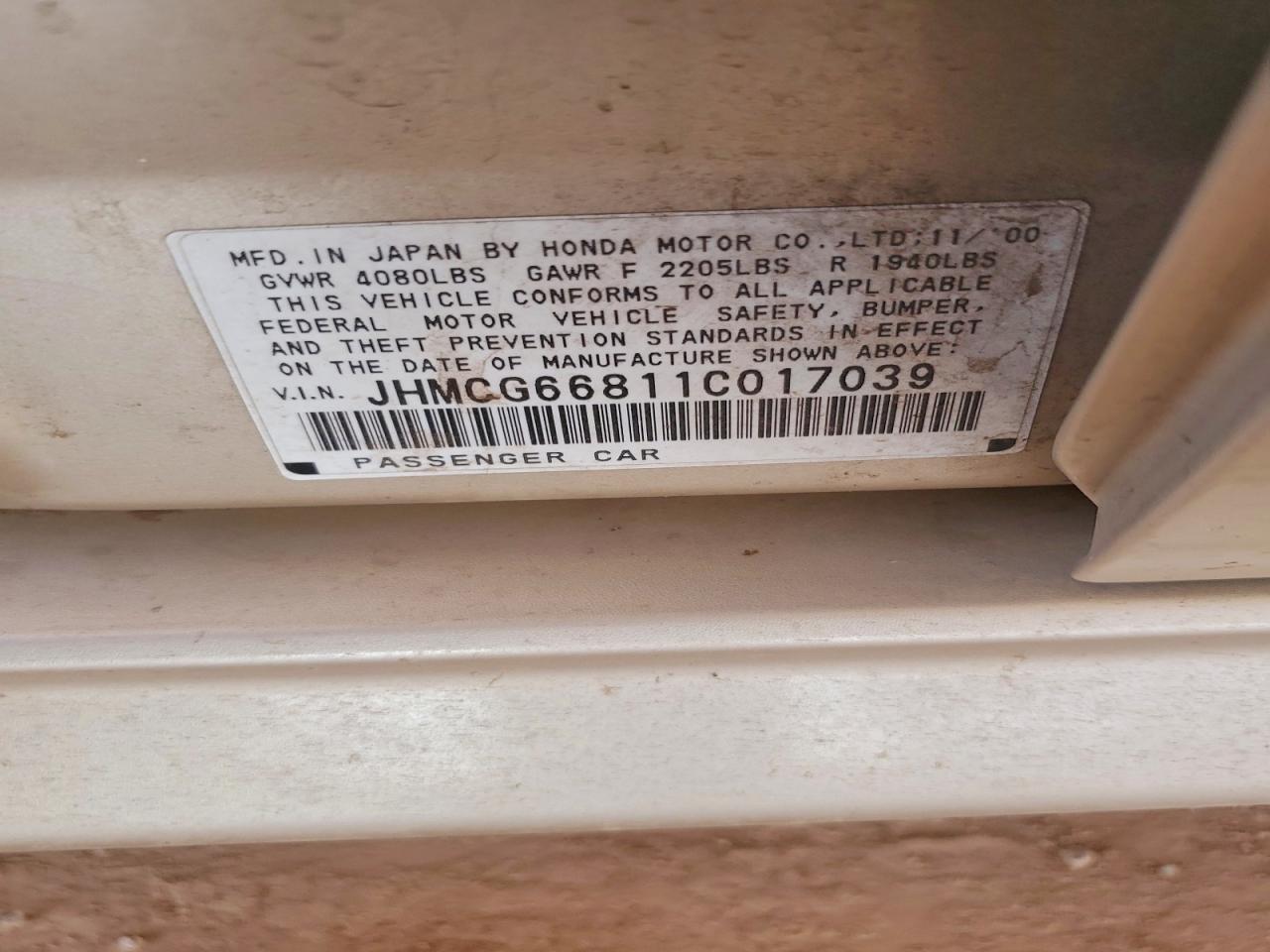 2001 Honda Accord Ex Silver vin: JHMCG66811C017039