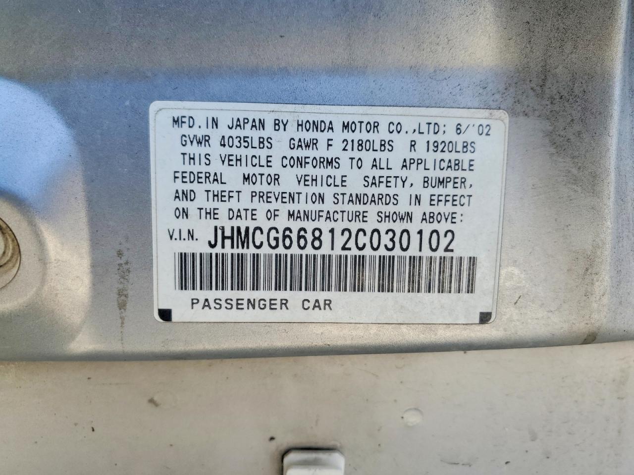 2002 Honda Accord Ex Silver vin: JHMCG66812C030102