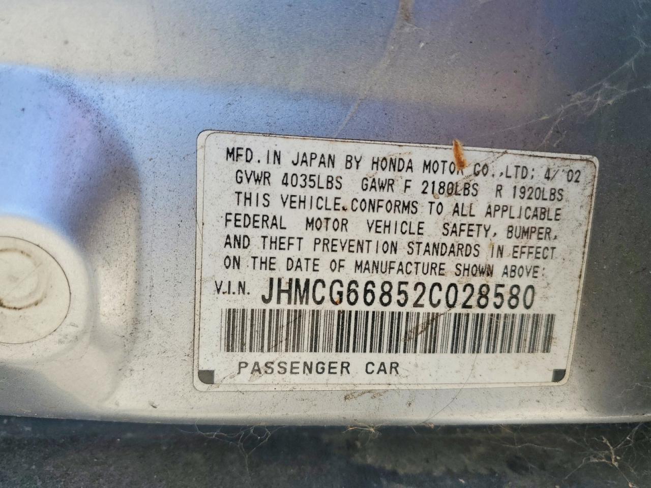 2002 Honda Accord Ex Silver vin: JHMCG66852C028580