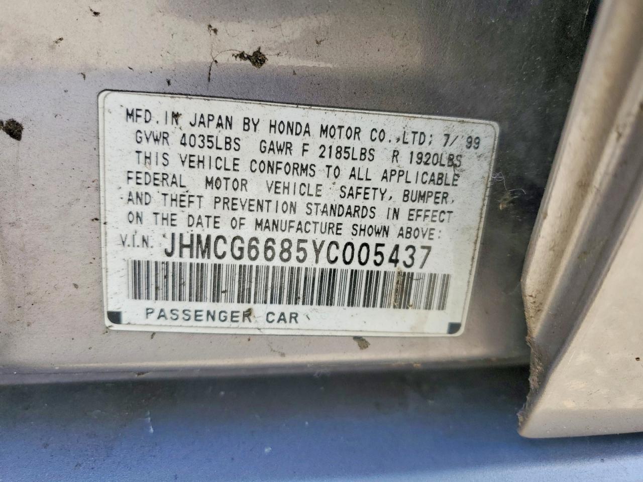 2000 Honda Accord Ex Silver vin: JHMCG6685YC005437