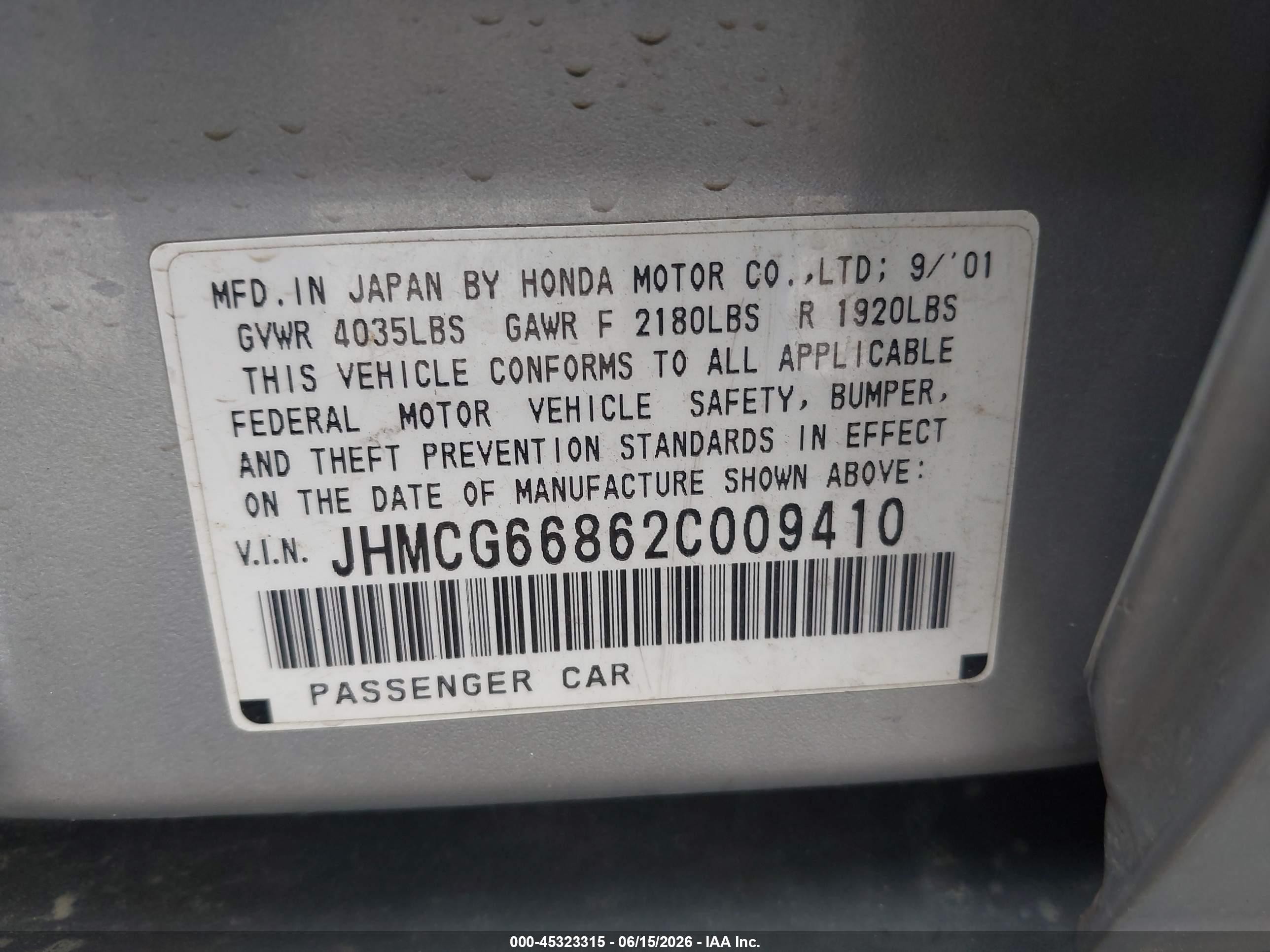 2002 Honda Accord 2.3 Ex/2.3 Se Silver vin: JHMCG66862C009410