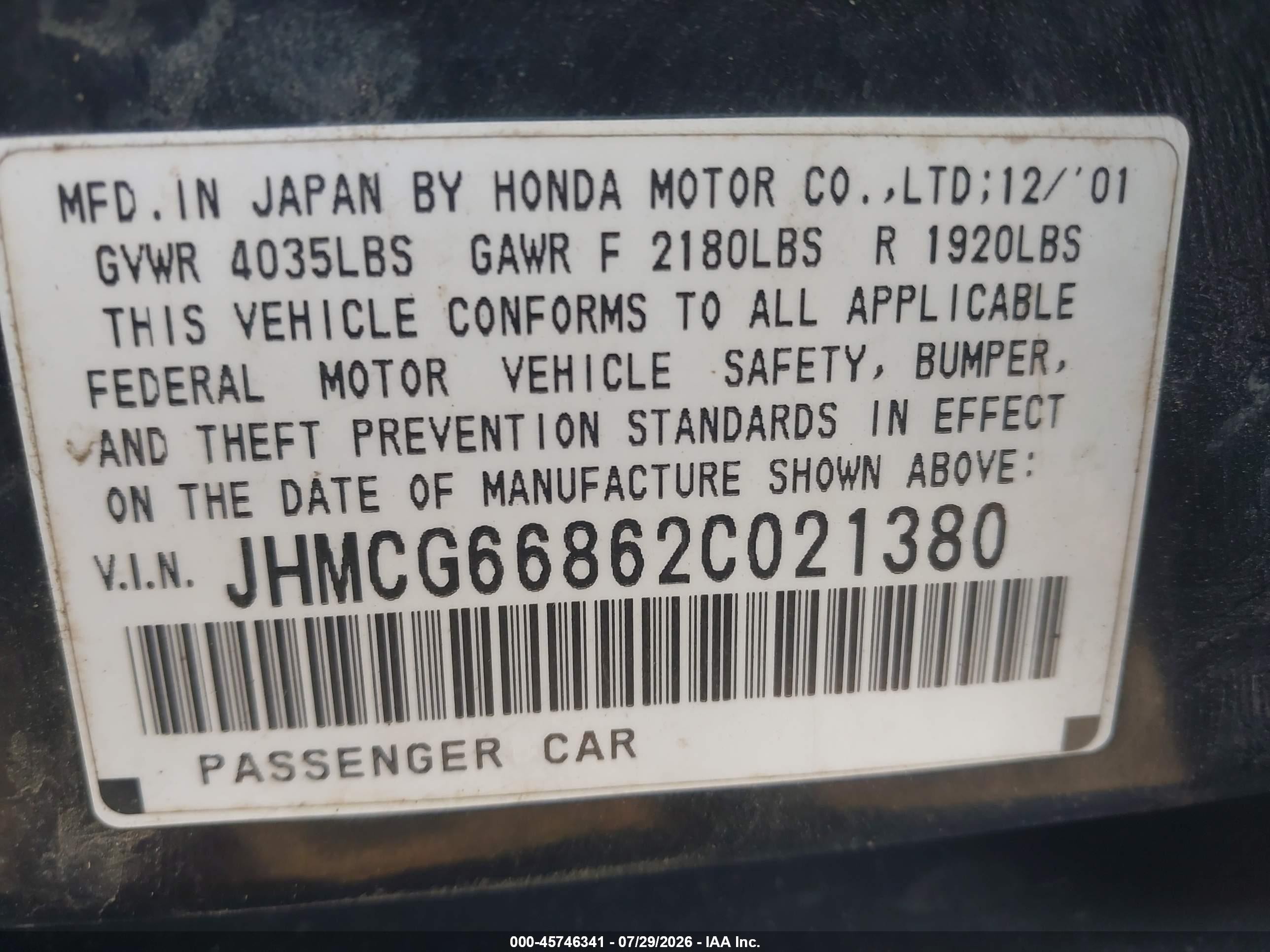 2002 Honda Accord 2.3 Ex/2.3 Se Black vin: JHMCG66862C021380