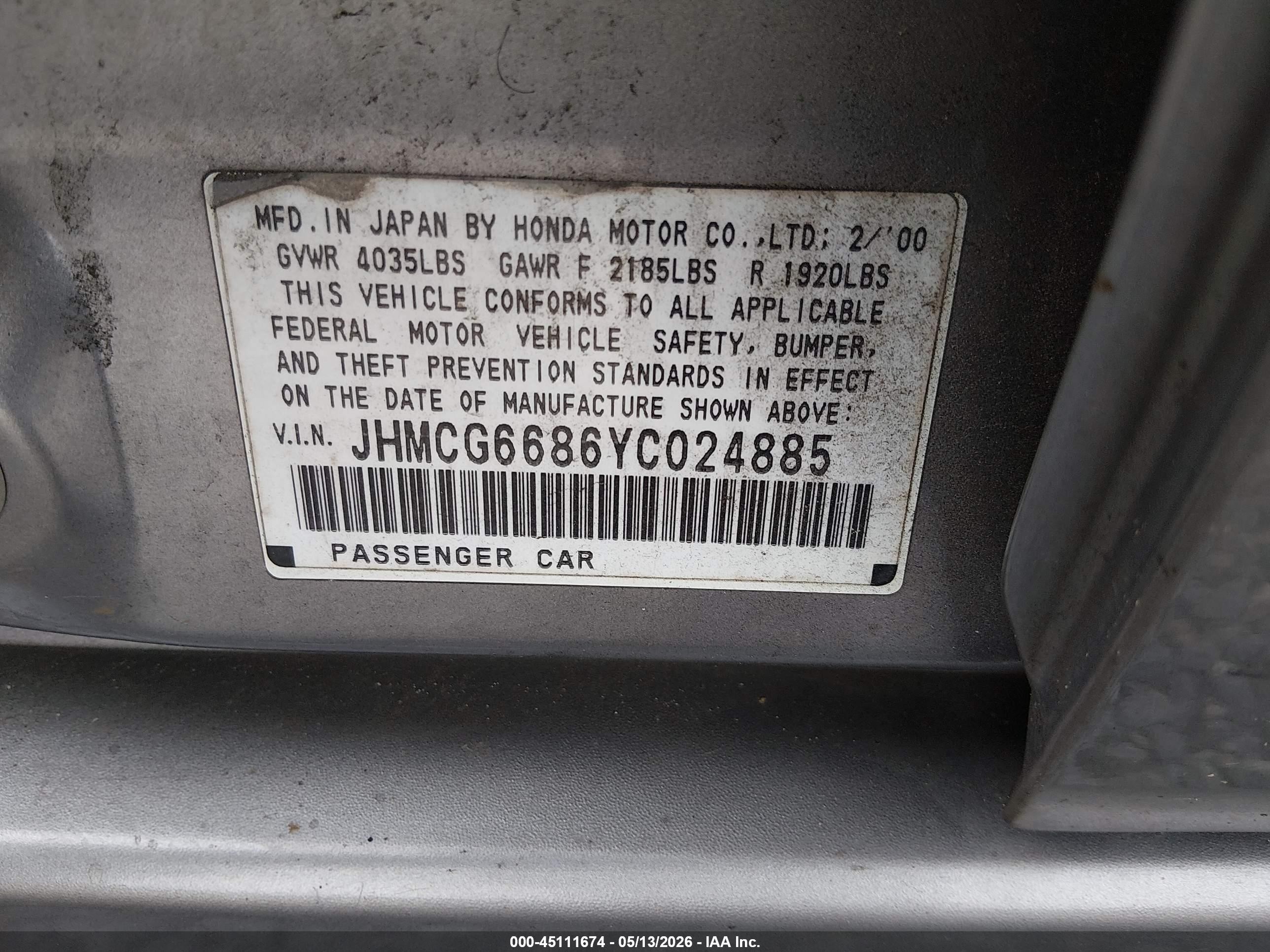 2000 Honda Accord 2.3 Ex Серый vin: JHMCG6686YC024885