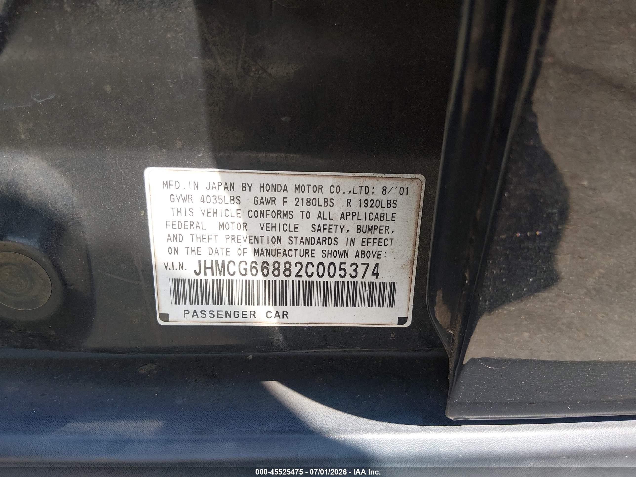 2002 Honda Accord 2.3 Ex/2.3 Se Black vin: JHMCG66882C005374