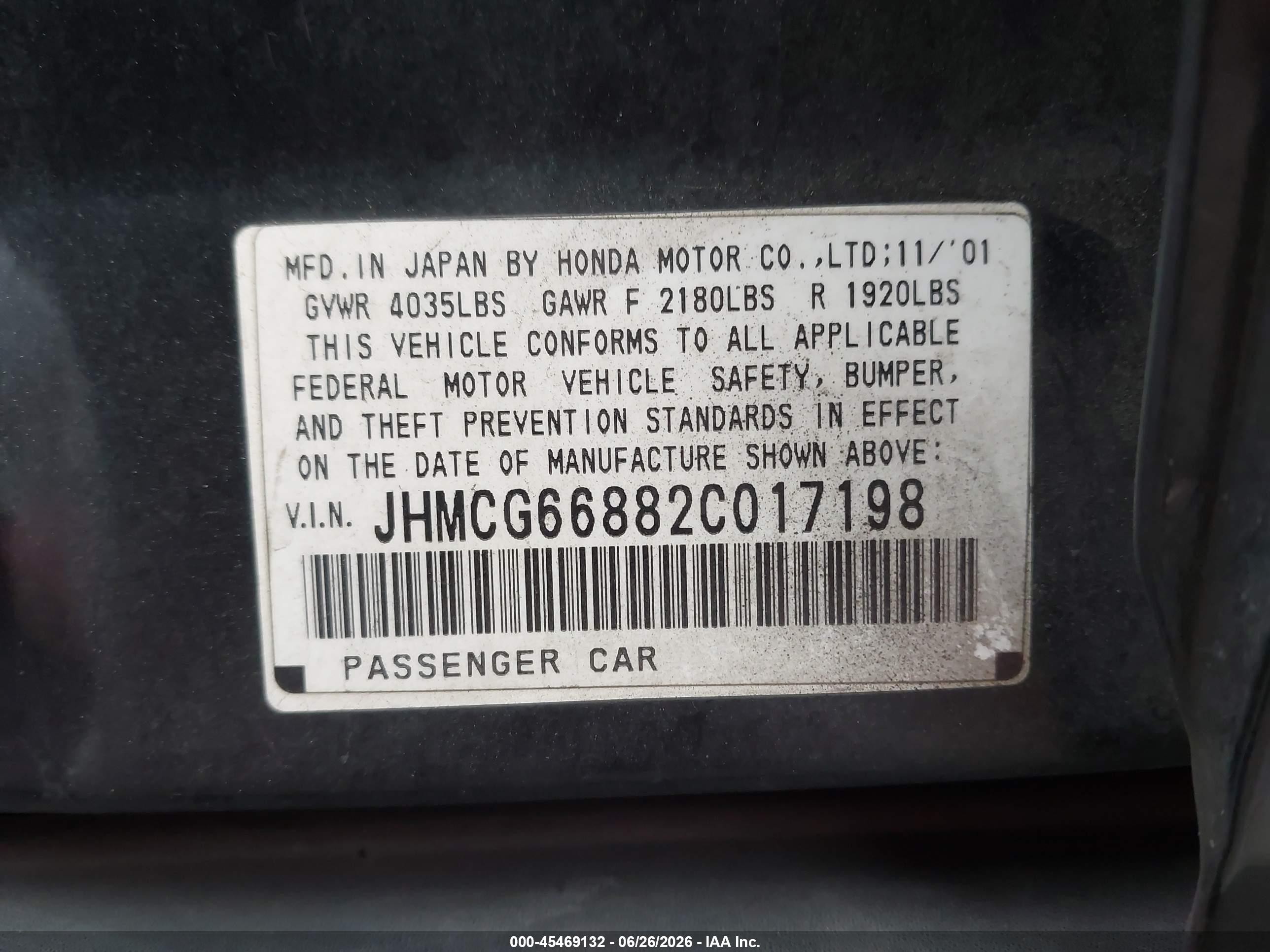 2002 Honda Accord 2.3 Ex/2.3 Se Black vin: JHMCG66882C017198