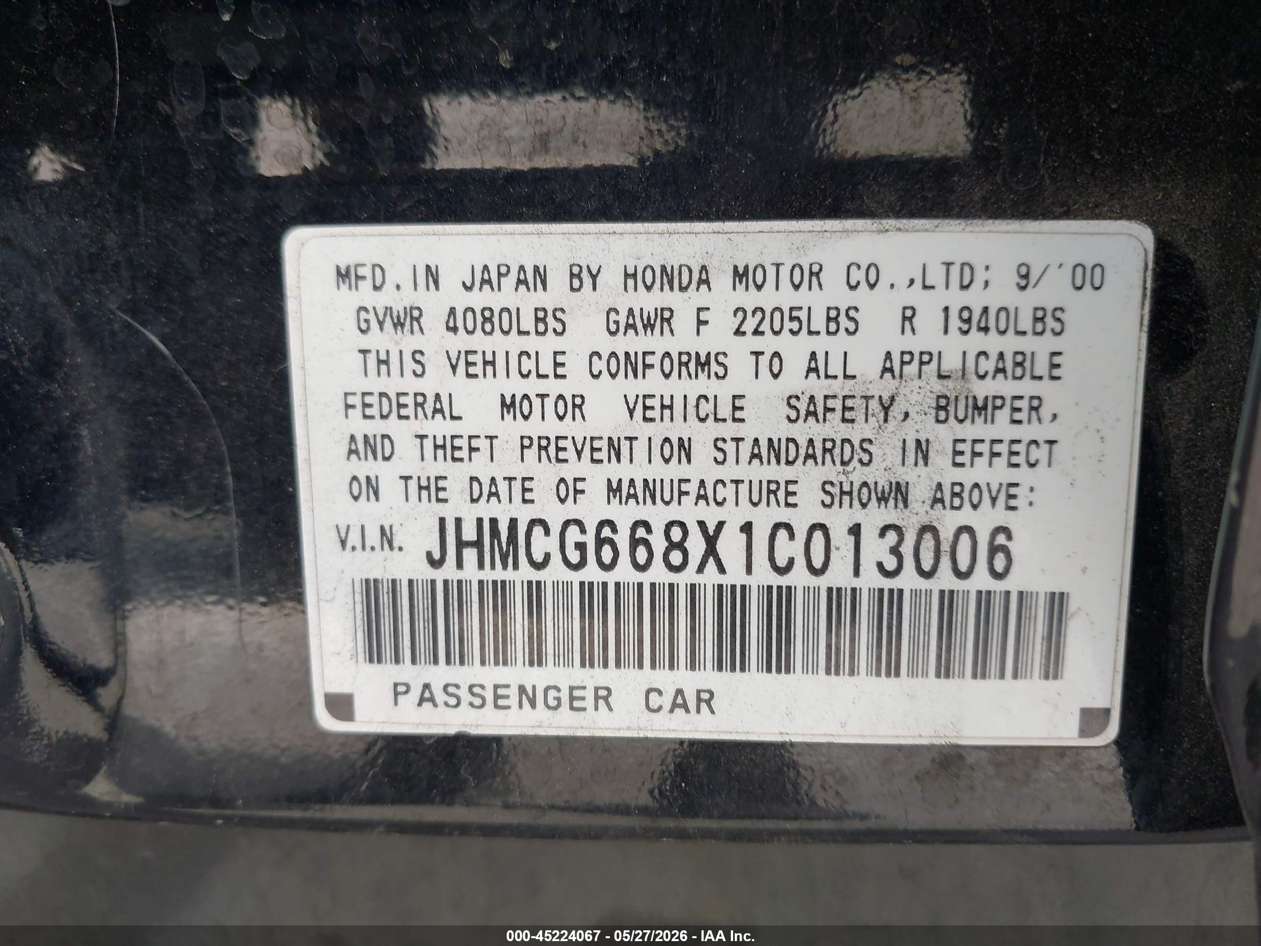 2001 Honda Accord 2.3 Ex Black vin: JHMCG668X1C013006