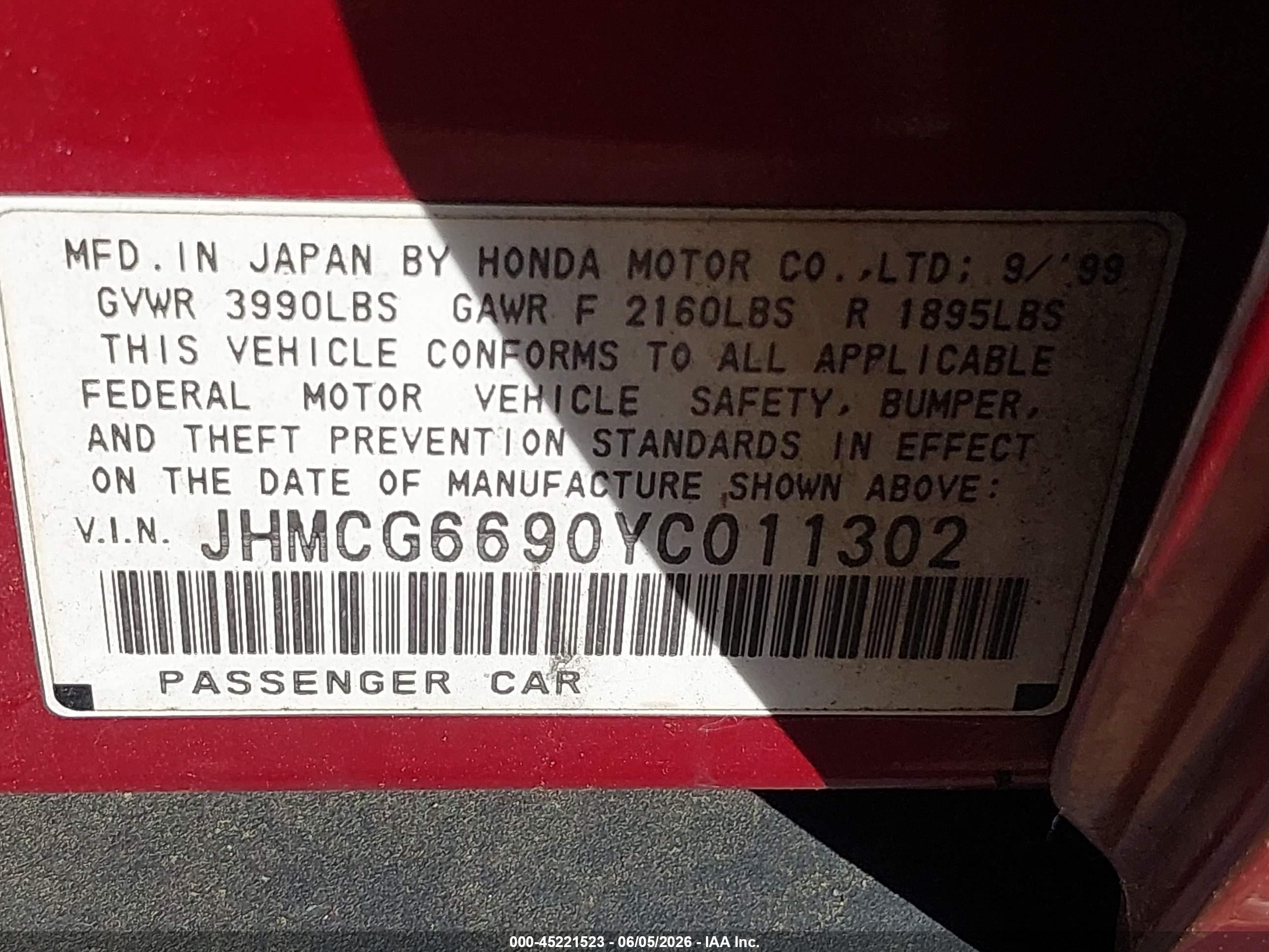 2000 Honda Accord 2.3 Se Red vin: JHMCG6690YC011302