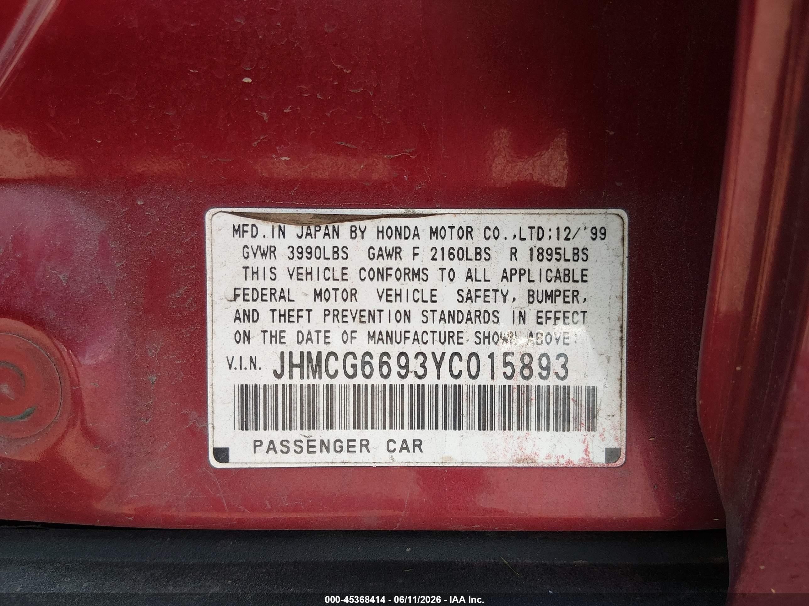 2000 Honda Accord 2.3 Se Red vin: JHMCG6693YC015893