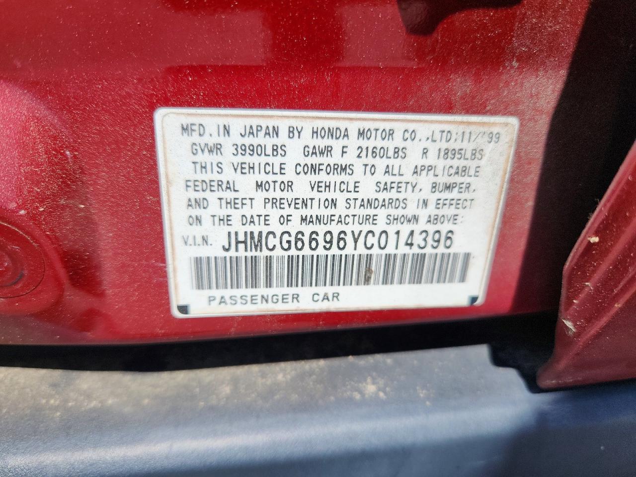 2000 Honda Accord Se Red vin: JHMCG6696YC014396
