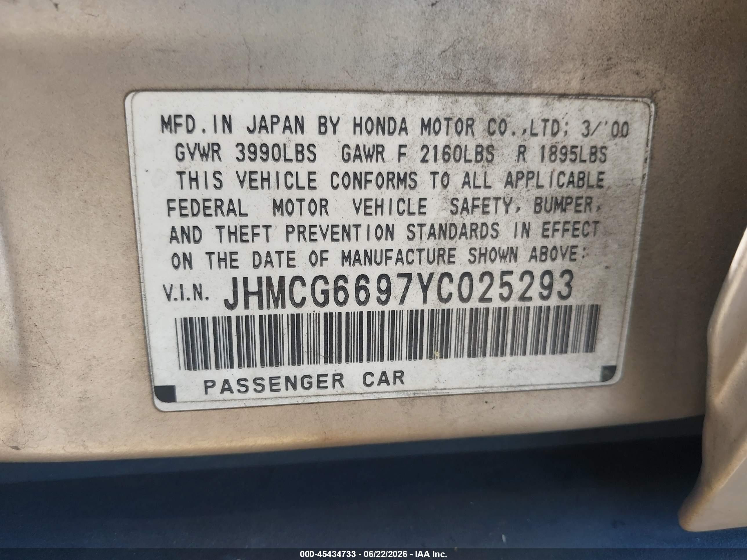 2000 Honda Accord 2.3 Se Gold vin: JHMCG6697YC025293