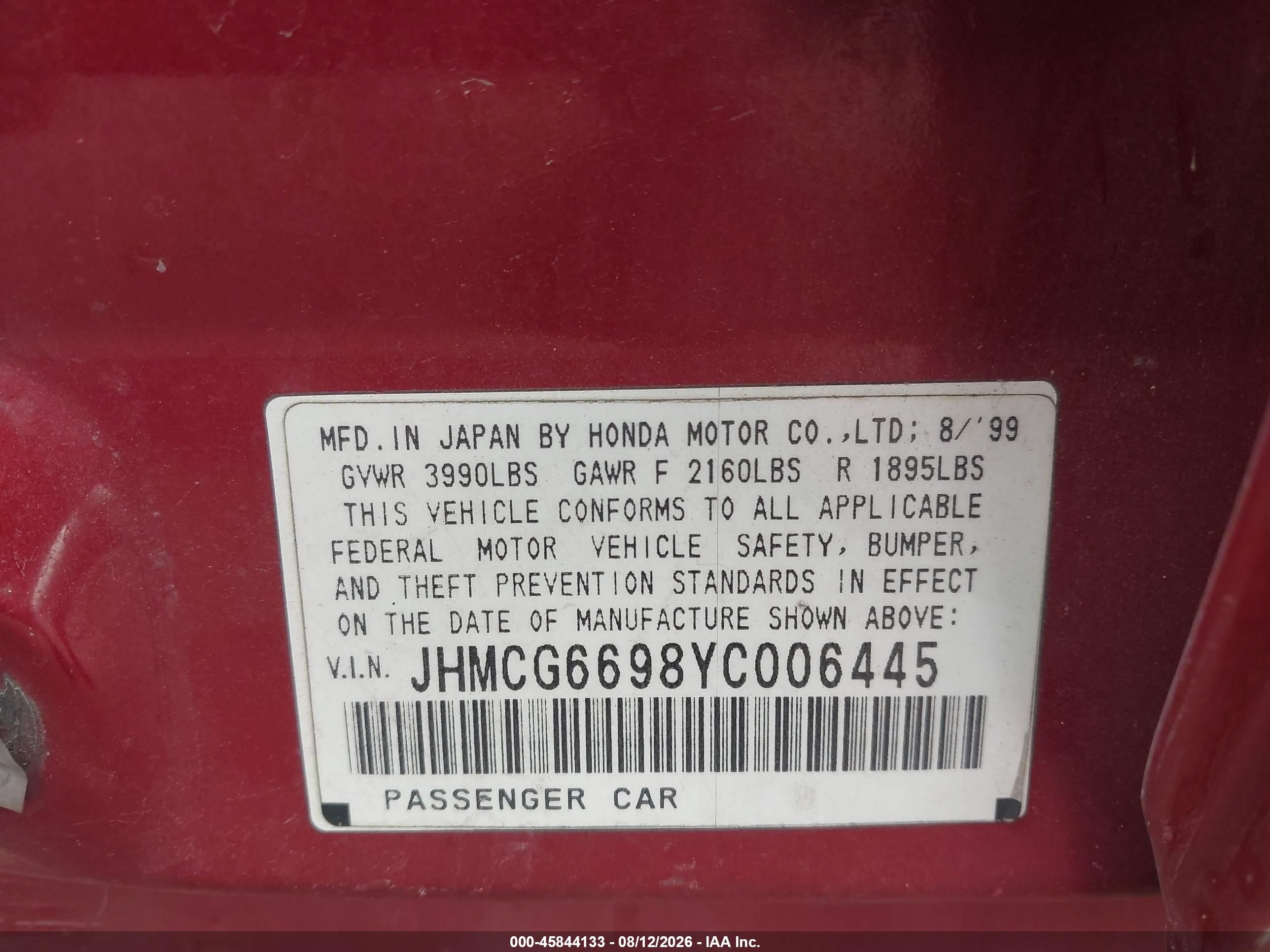 2000 Honda Accord 2.3 Se Red vin: JHMCG6698YC006445