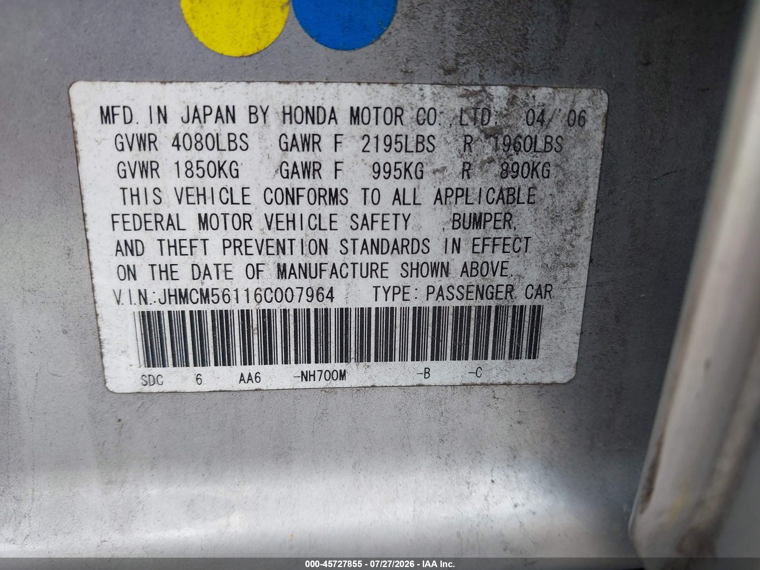 2006 Honda Accord 2.4 Vp Gray vin: JHMCM56116C007964