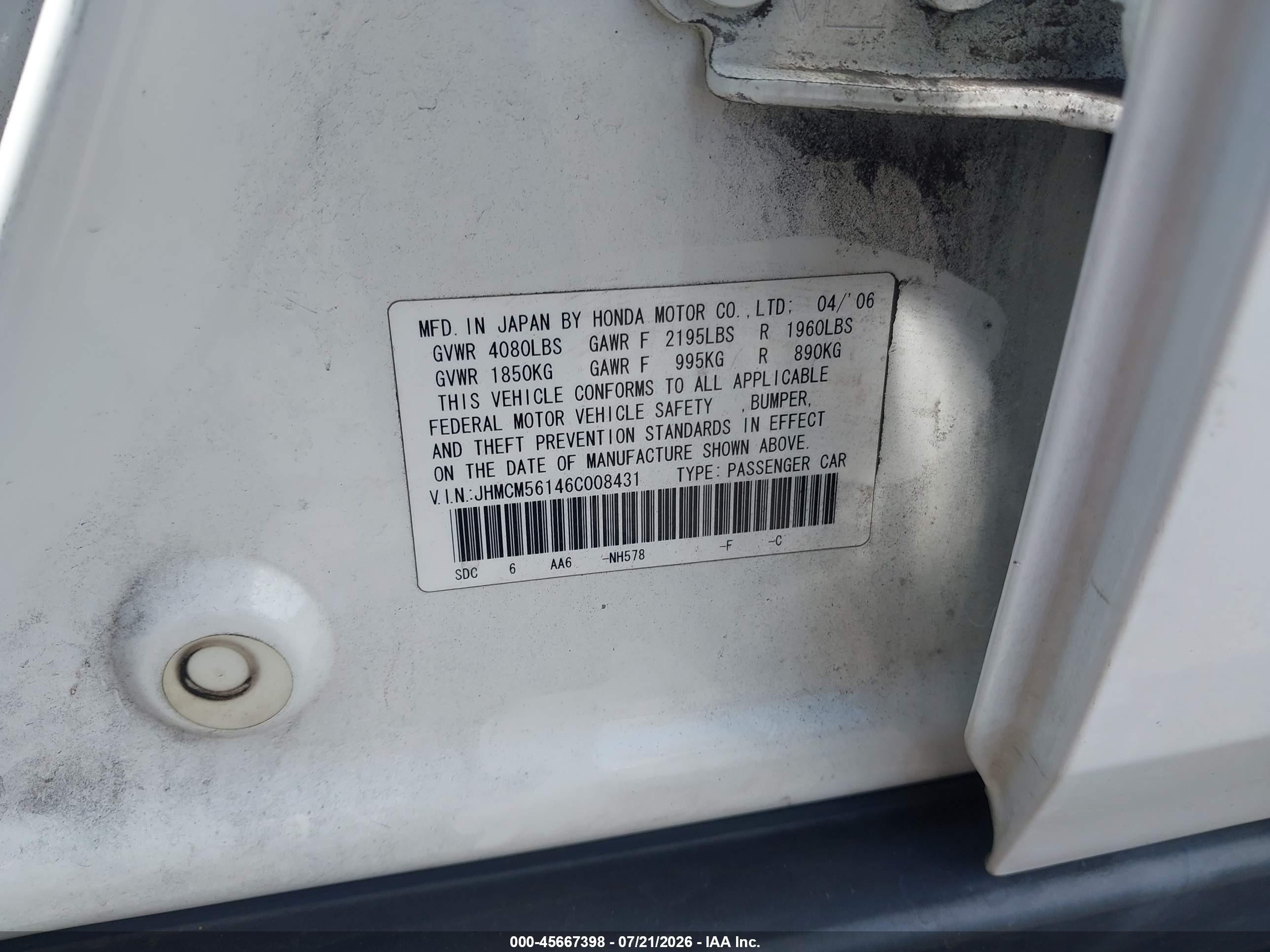 2006 Honda Accord 2.4 Vp White vin: JHMCM56146C008431