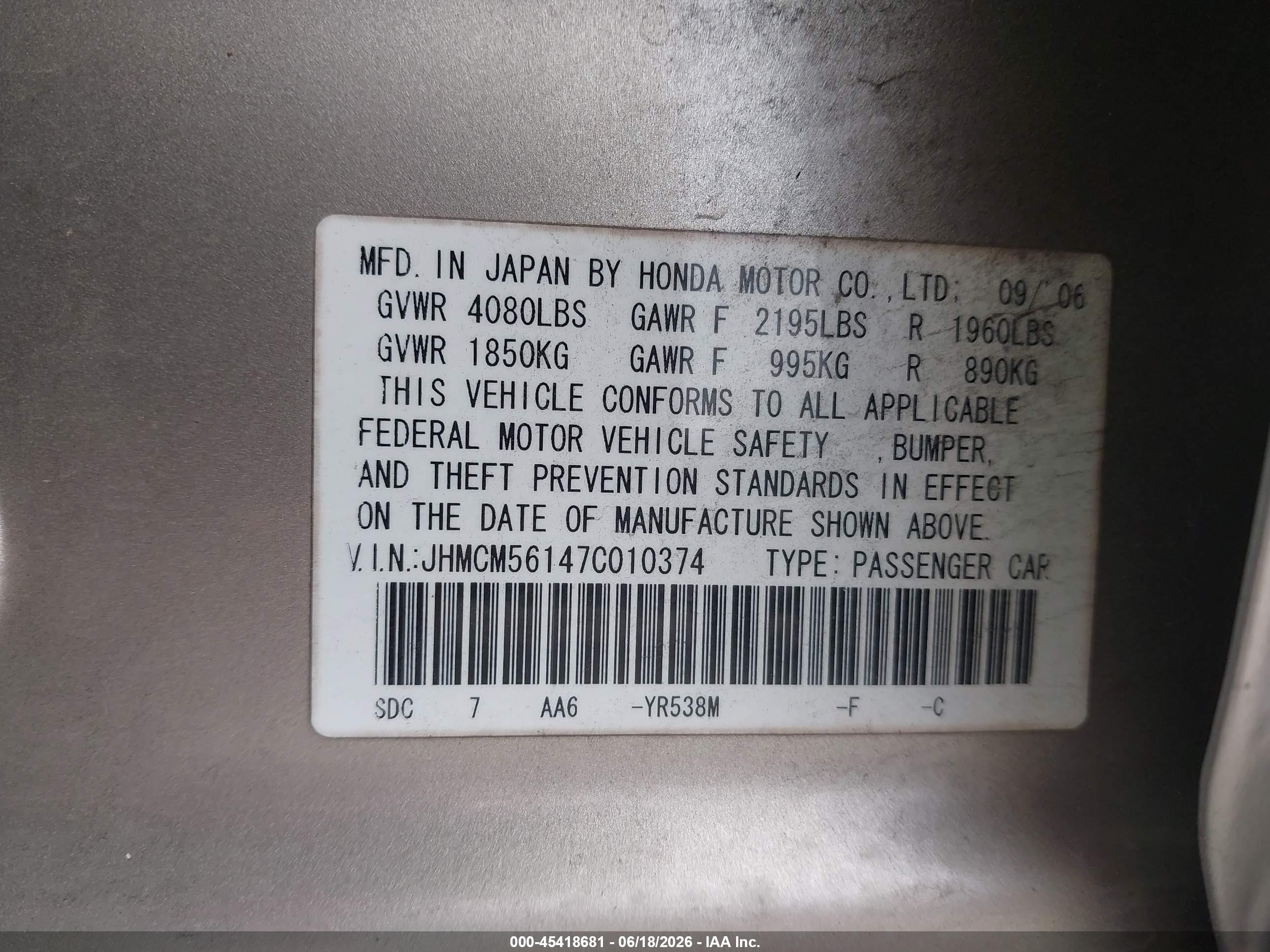 2007 Honda Accord 2.4 Vp Gold vin: JHMCM56147C010374