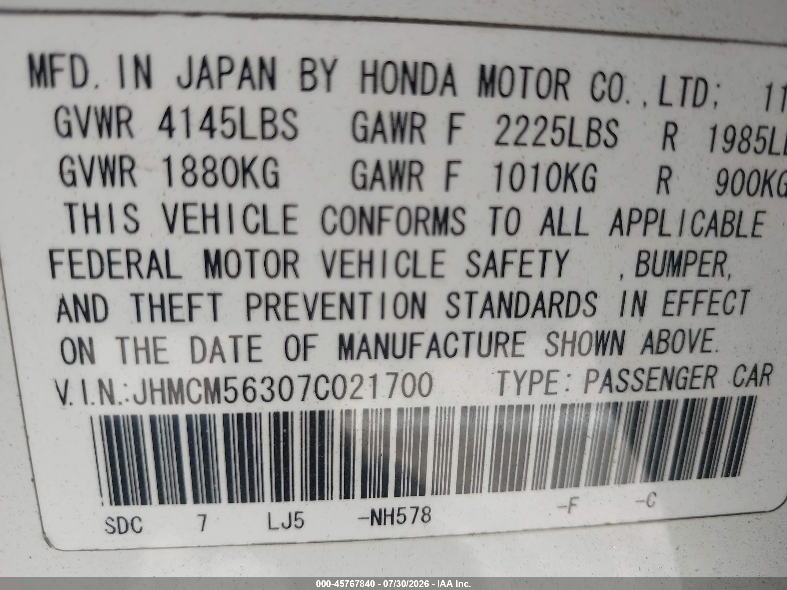 2007 Honda Accord 2.4 Se White vin: JHMCM56307C021700