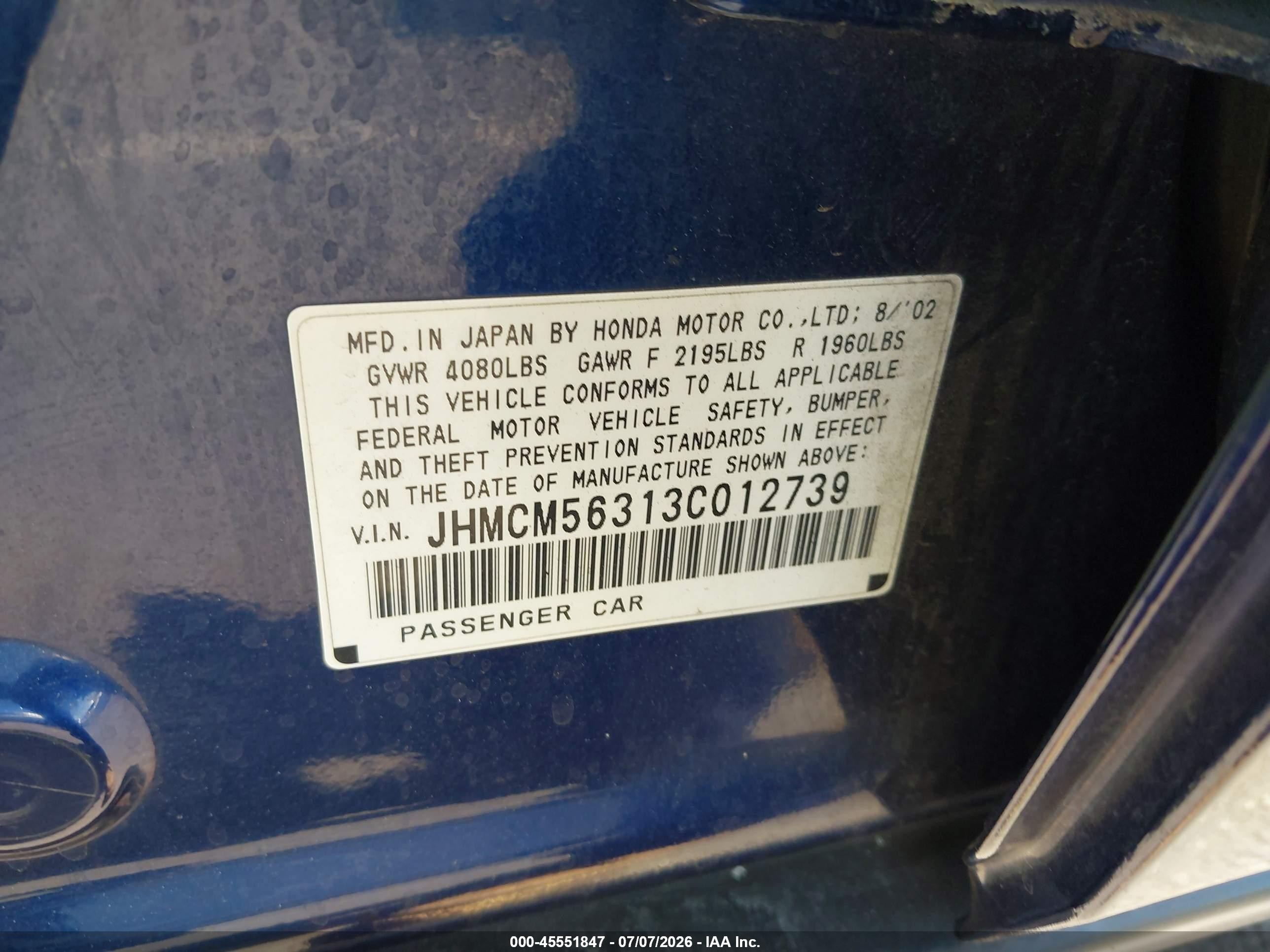 2003 Honda Accord Sdn Lx Blue vin: JHMCM56313C012739