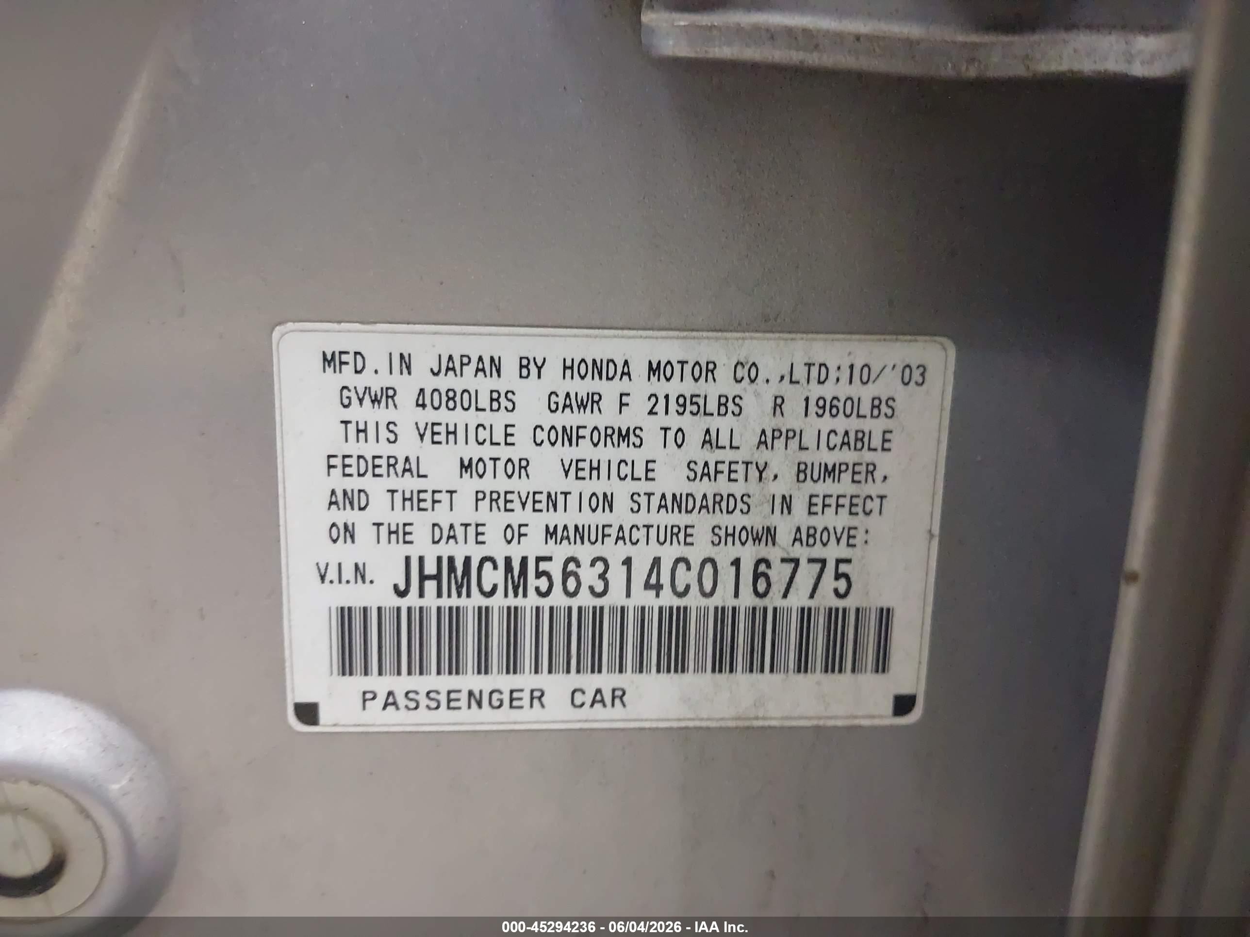 2004 Honda Accord 2.4 Lx Light Blue vin: JHMCM56314C016775