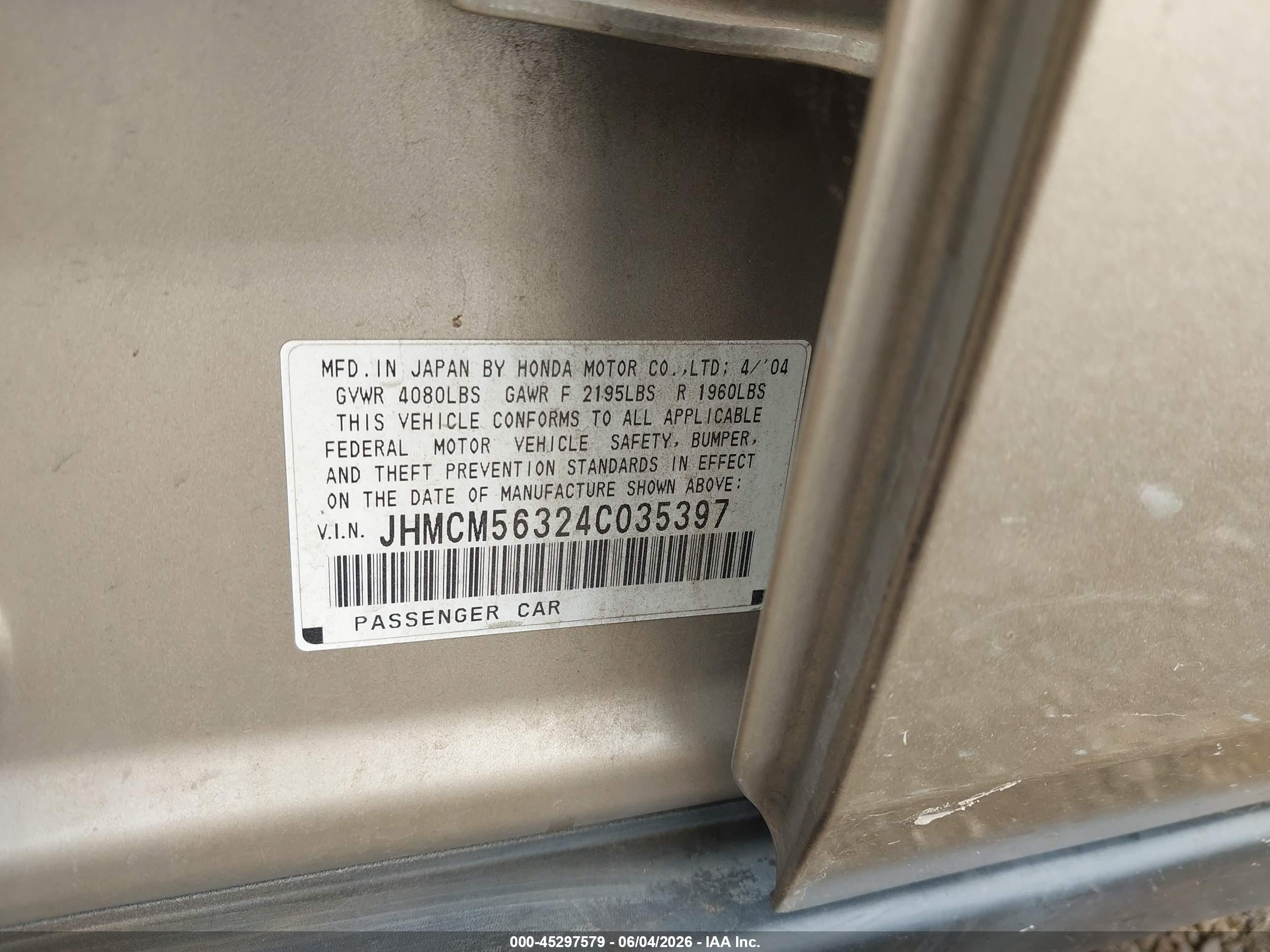 2004 Honda Accord 2.4 Lx Pewter vin: JHMCM56324C035397