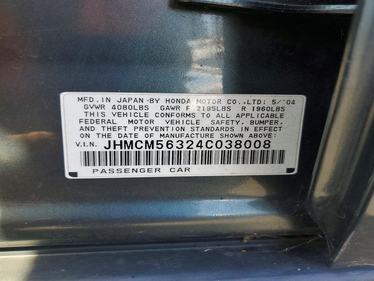 2004 Honda Accord Lx Gray vin: JHMCM56324C038008