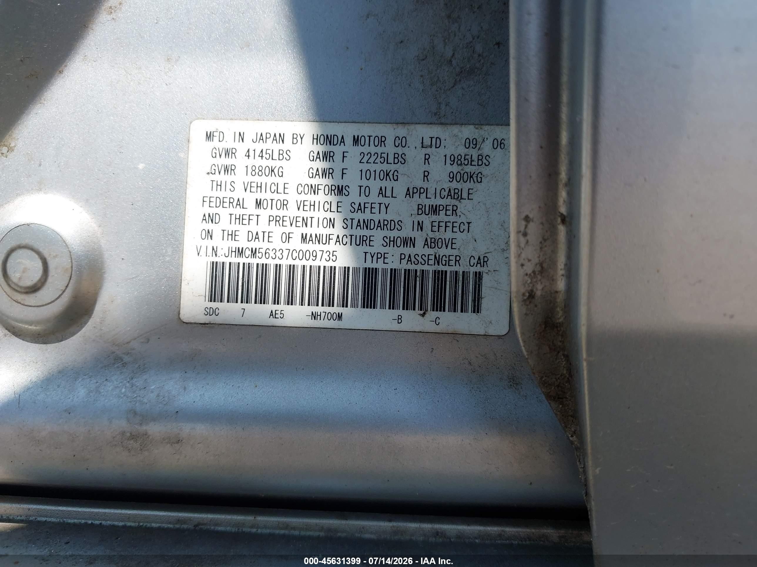 2007 Honda Accord 2.4 Se Silver vin: JHMCM56337C009735