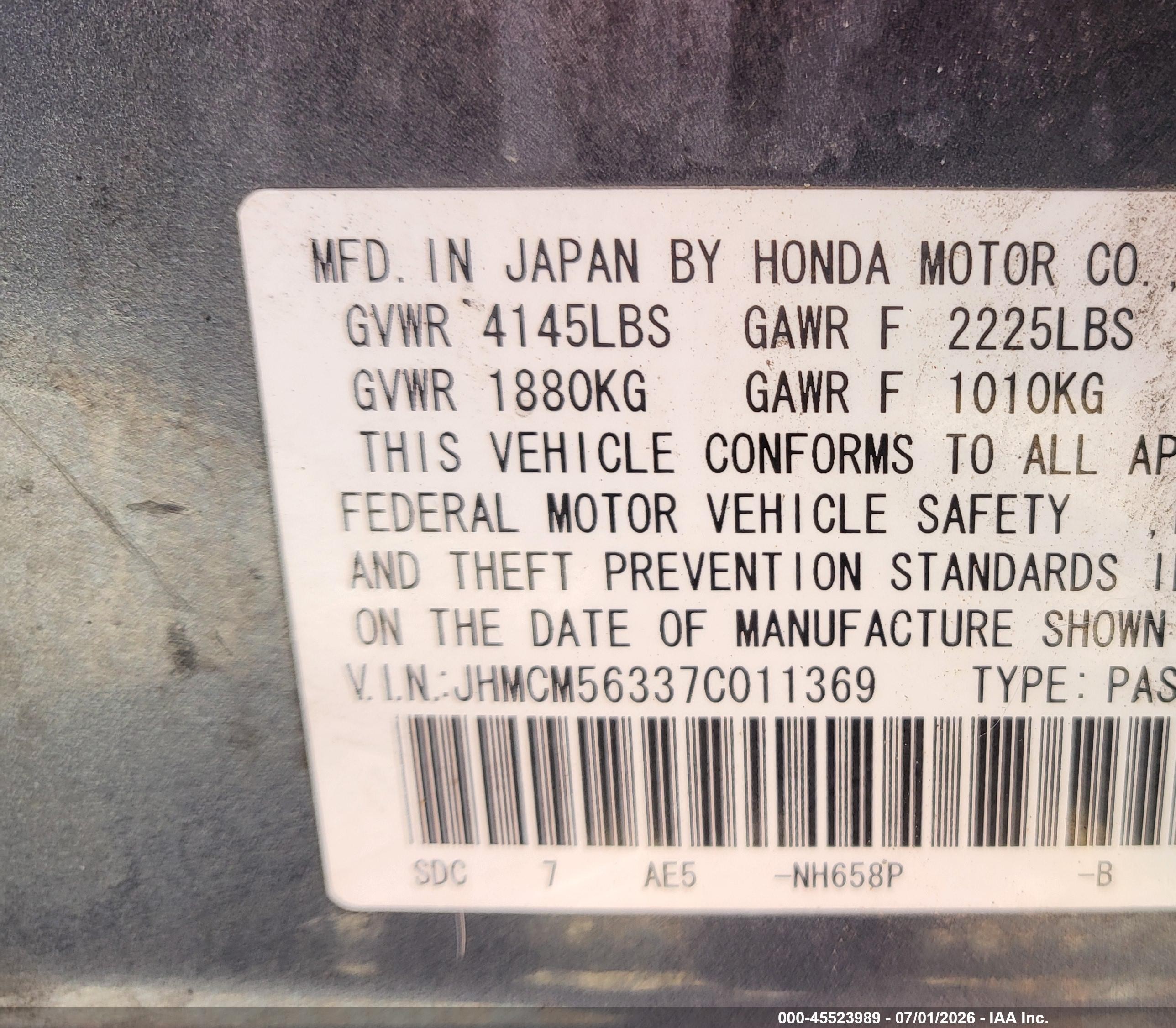 2007 Honda Accord 2.4 Se vin: JHMCM56337C011369