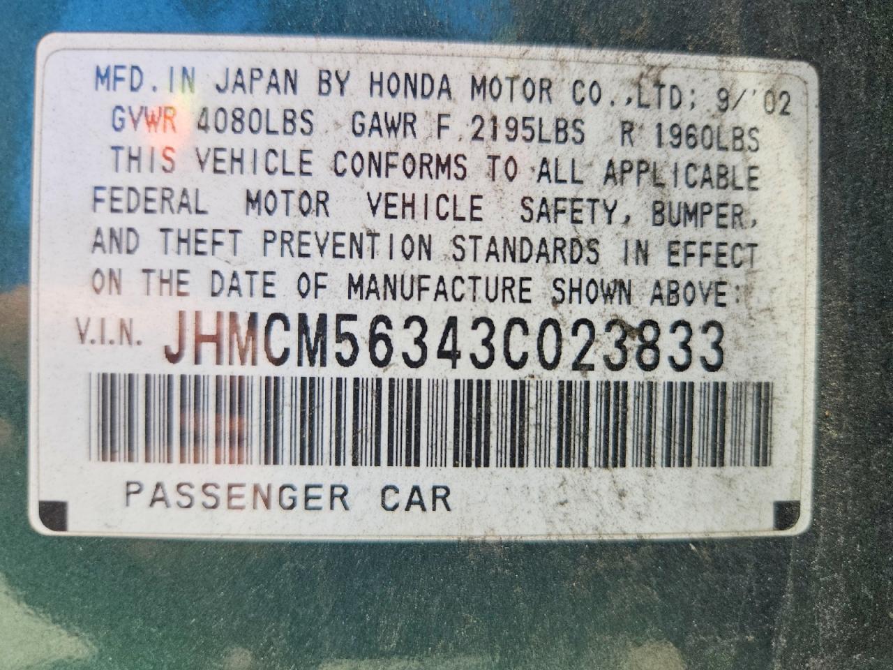 2003 Honda Accord Lx Green vin: JHMCM56343C023833