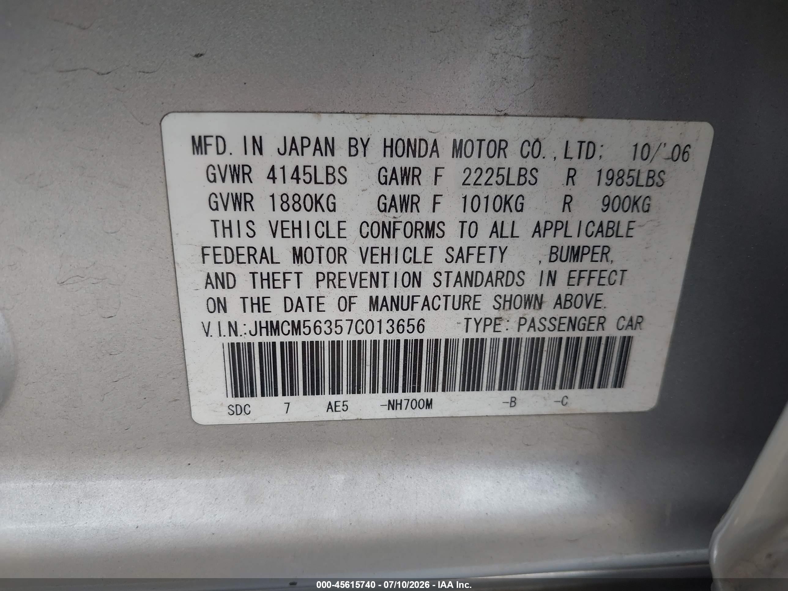 2007 Honda Accord 2.4 Se Silver vin: JHMCM56357C013656