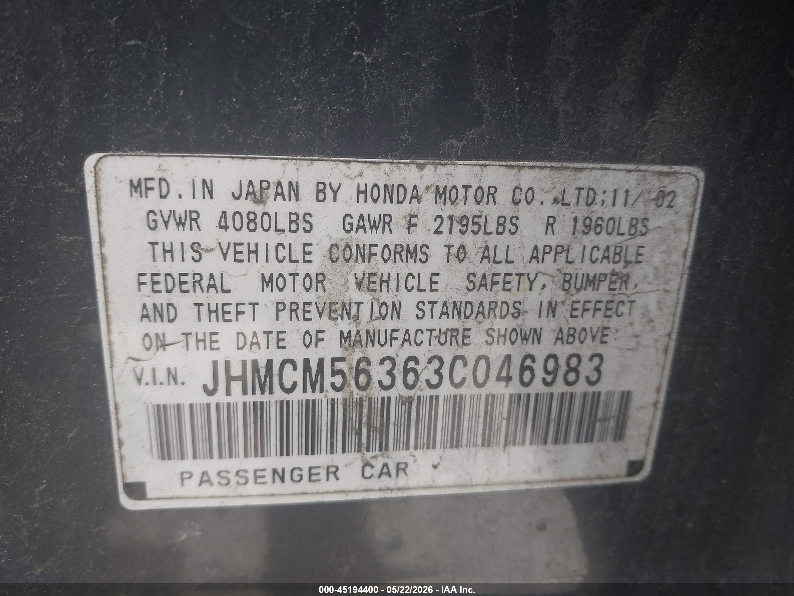 2003 Honda Accord 2.4 Lx Gray vin: JHMCM56363C046983