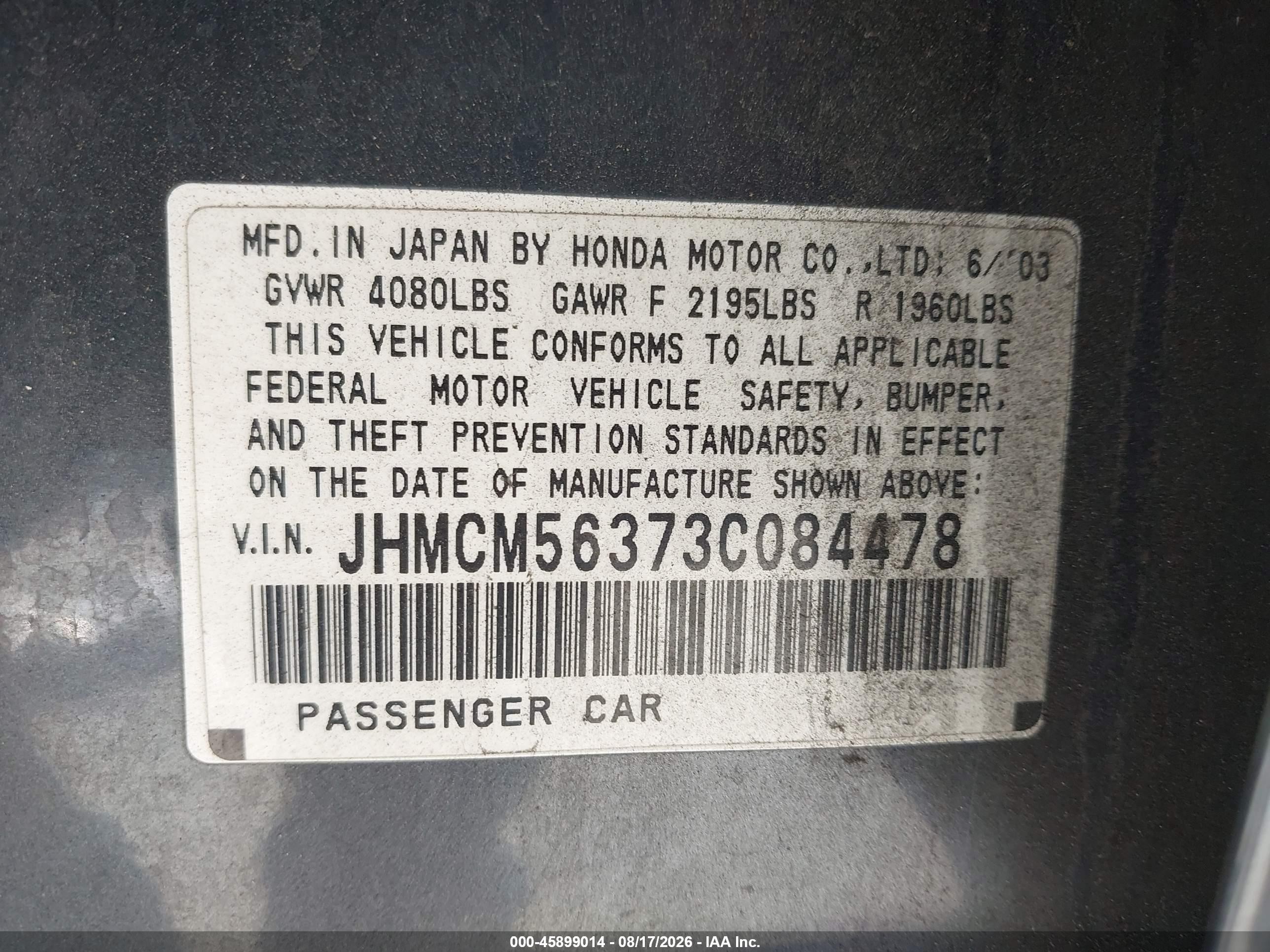2003 Honda Accord 2.4 Lx Gray vin: JHMCM56373C084478