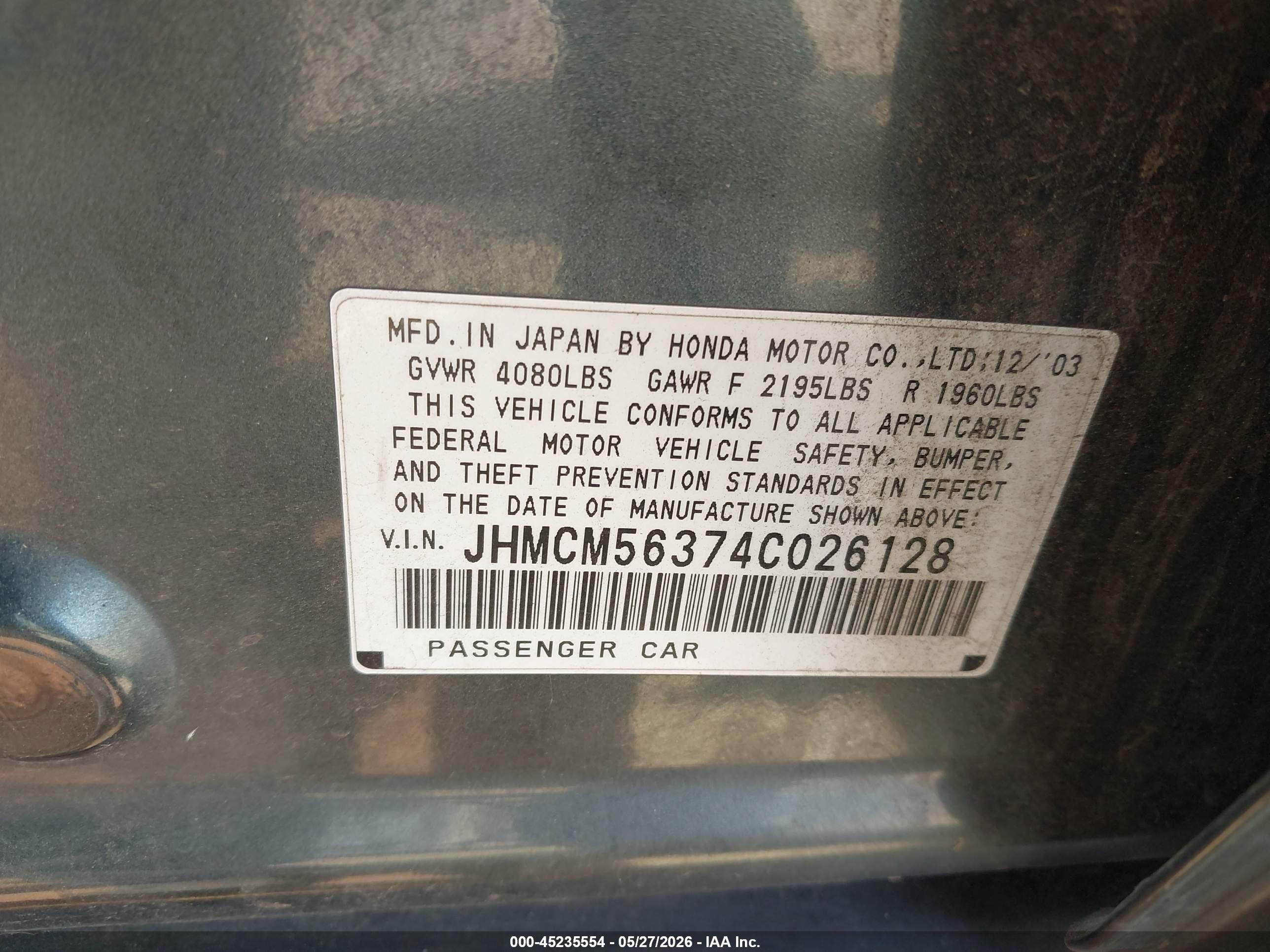 2004 Honda Accord 2.4 Lx Gray vin: JHMCM56374C026128