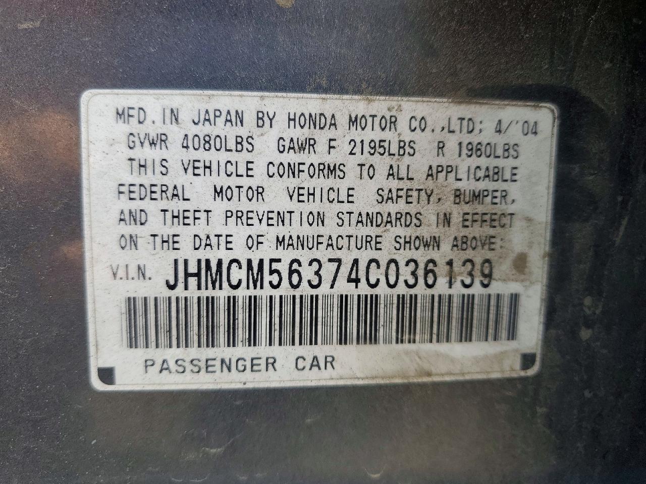 2004 Honda Accord Lx Gray vin: JHMCM56374C036139