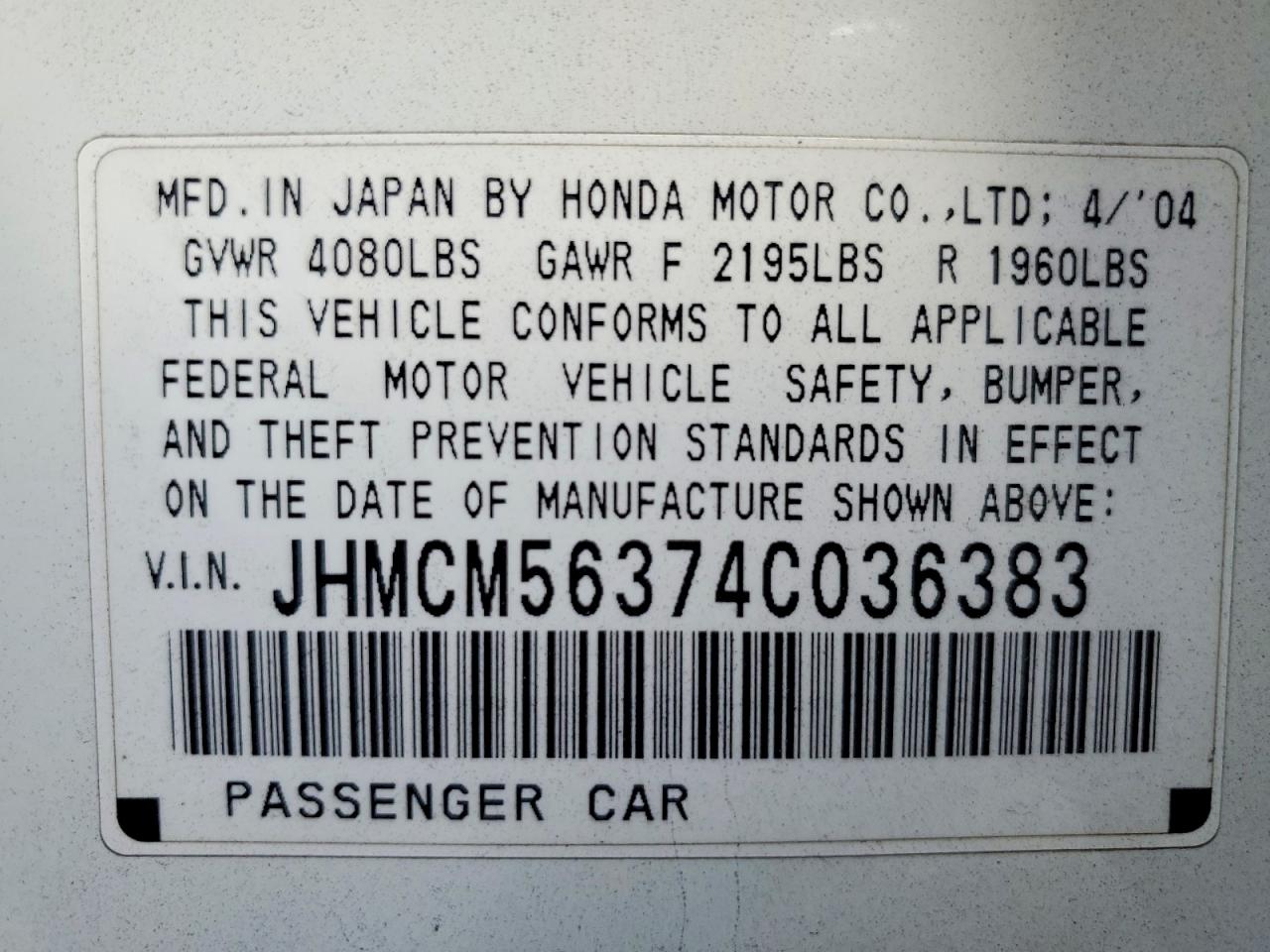 2004 Honda Accord Lx White vin: JHMCM56374C036383