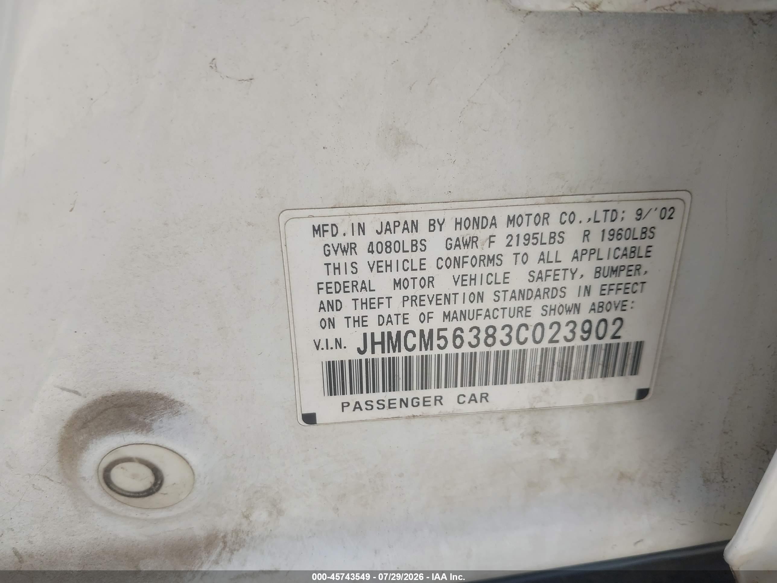 2003 Honda Accord 2.4 Lx White vin: JHMCM56383C023902
