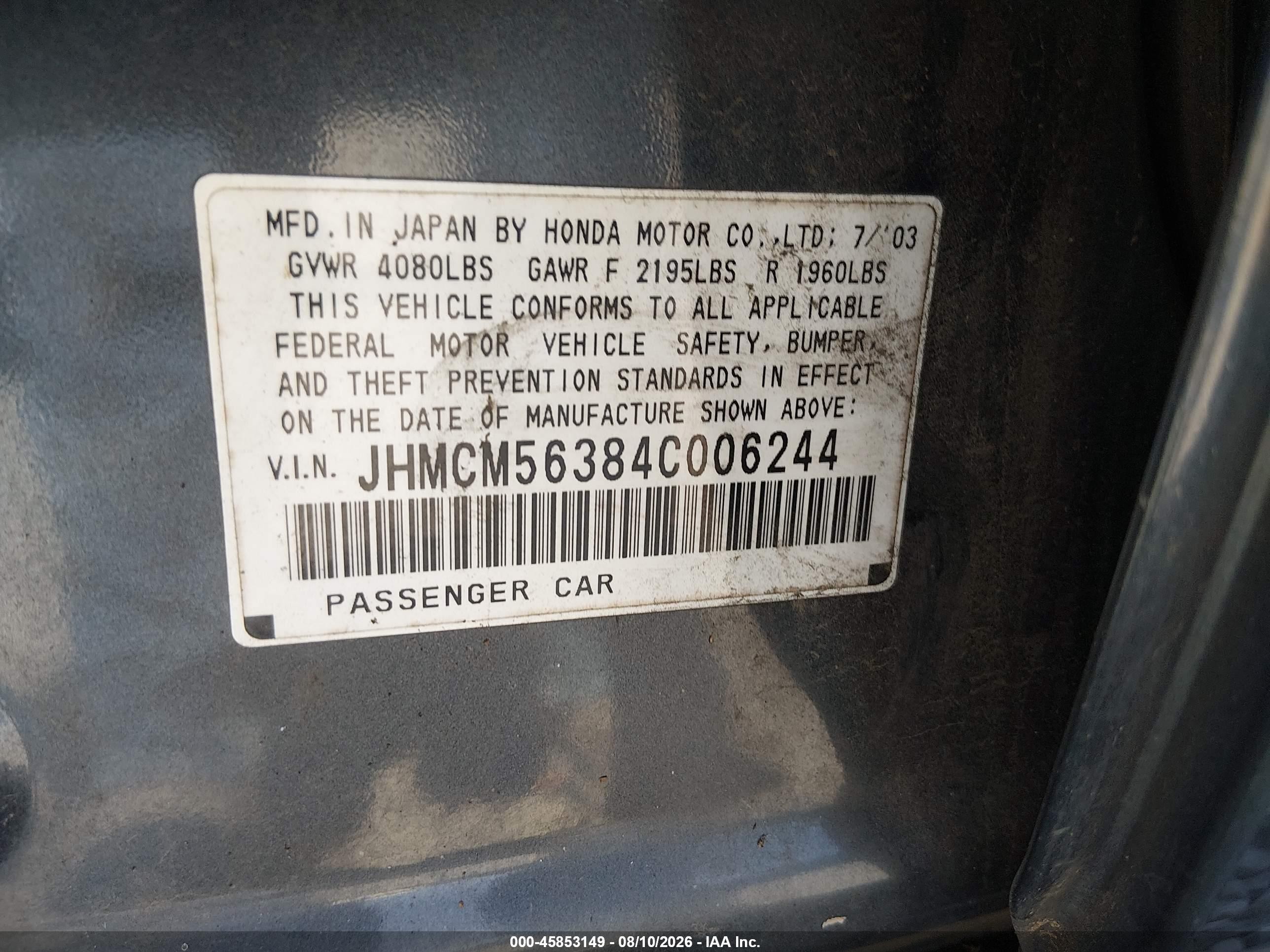 2004 Honda Accord 2.4 Lx Gray vin: JHMCM56384C006244