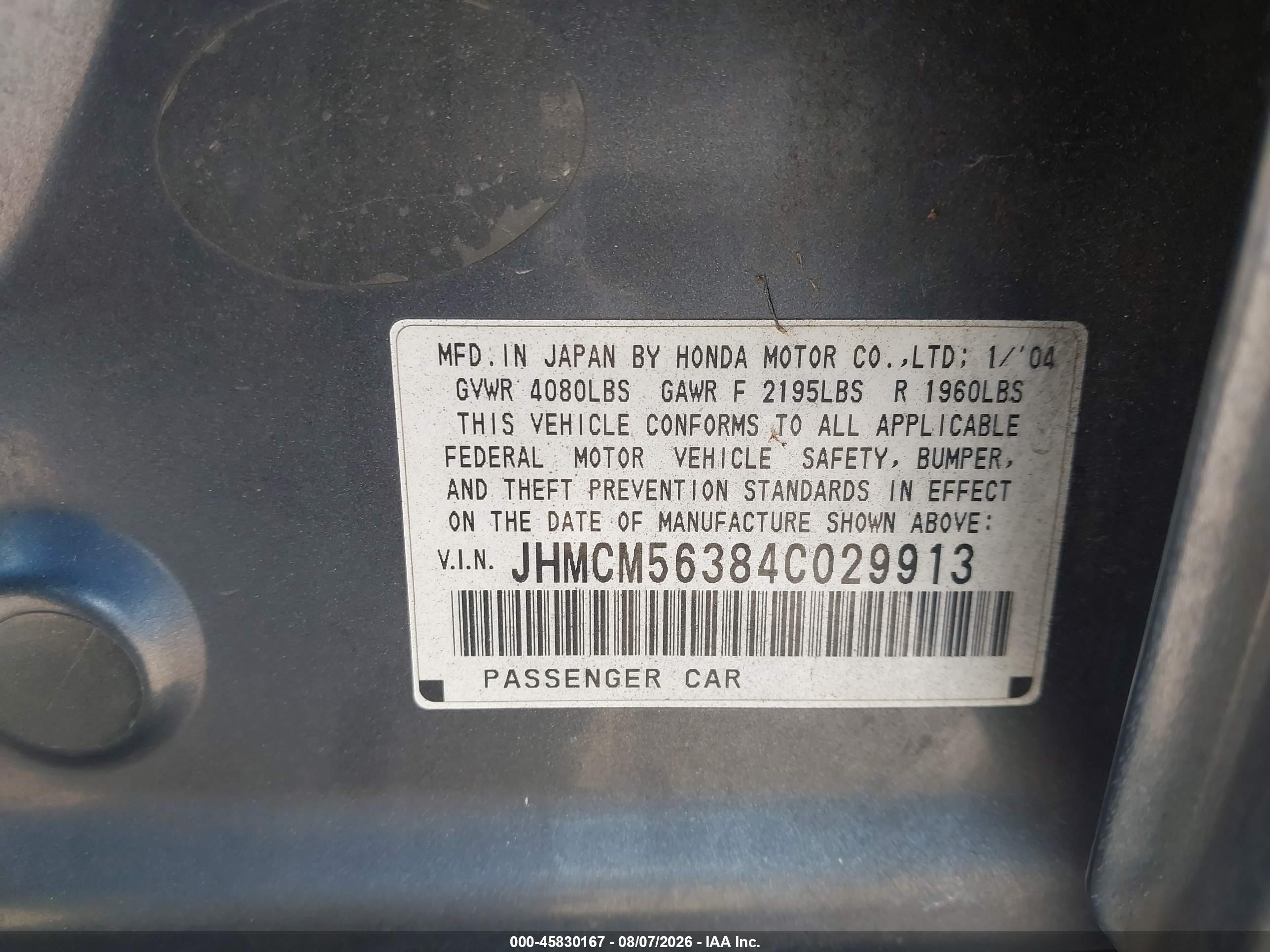 2004 Honda Accord 2.4 Lx Silver vin: JHMCM56384C029913