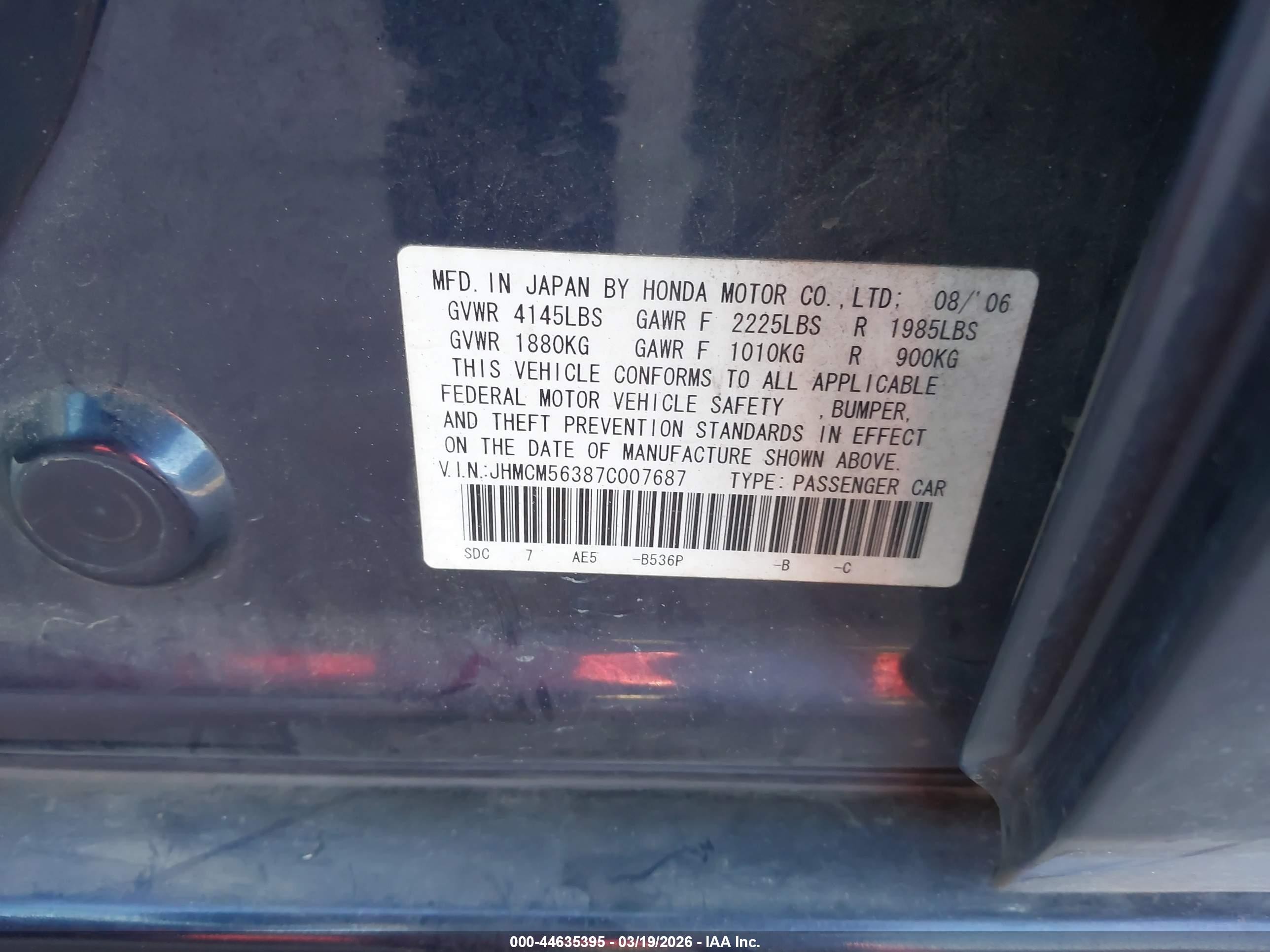 2007 Honda Accord 2.4 Se Dark Blue vin: JHMCM56387C007687